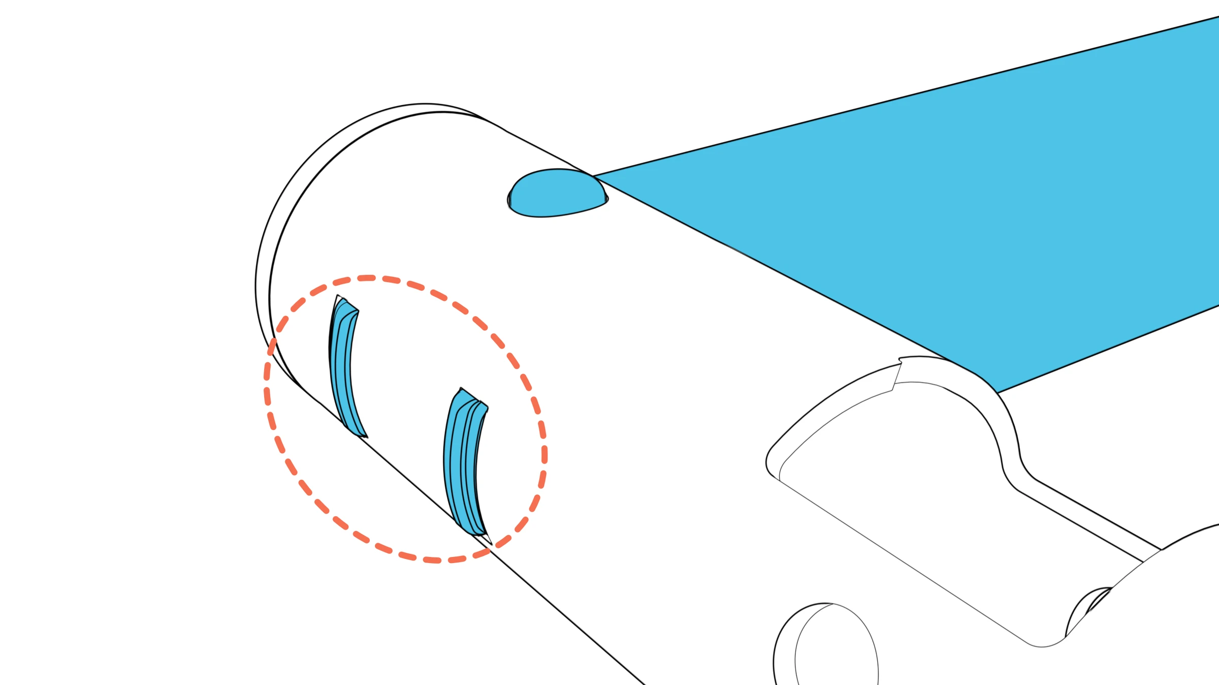 The two leg tabs protruding through slots in the beam, highlighted by a dashed circle.