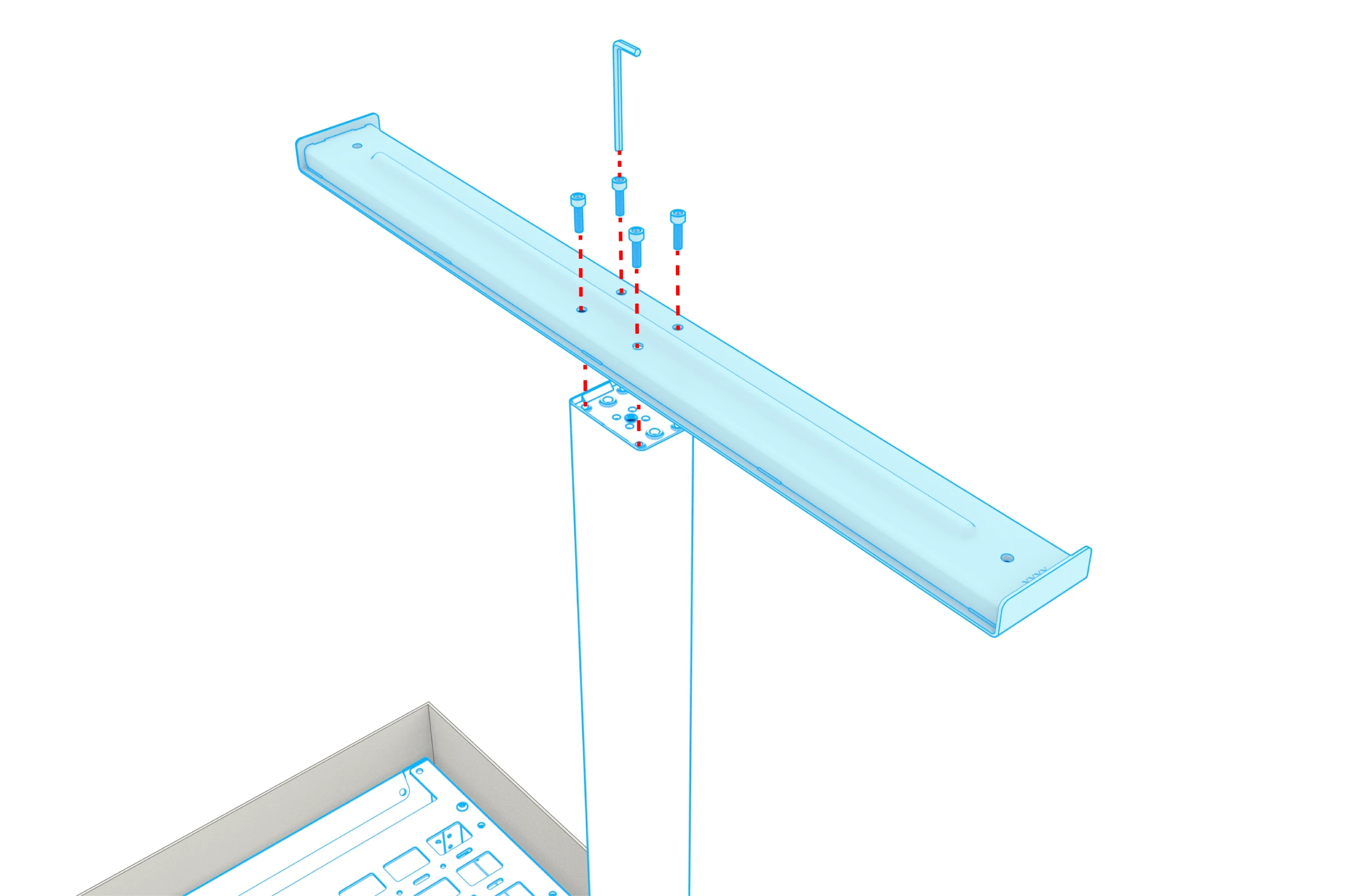 Opposite foot aligned with the other lift column, with mounting screws and a hex key above it.