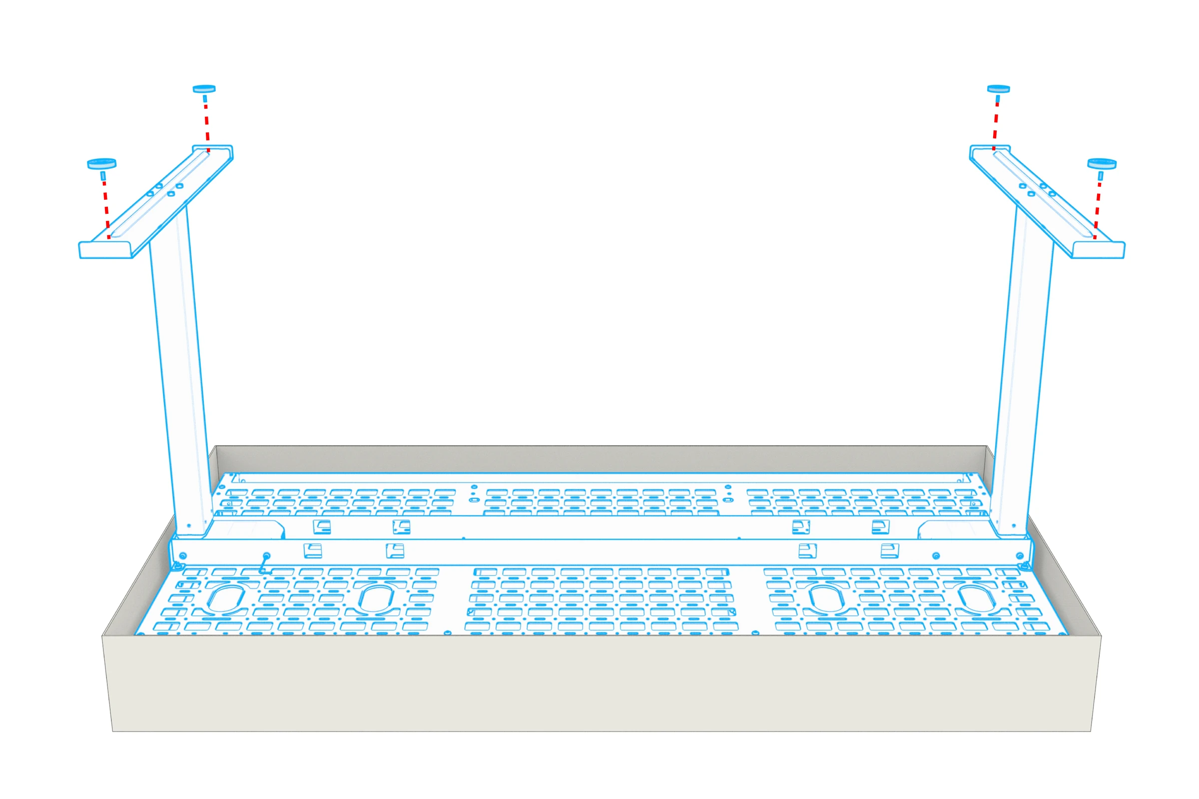 Four leveling feet aligned with the ends of the lectern feet while the body remains in its carton.