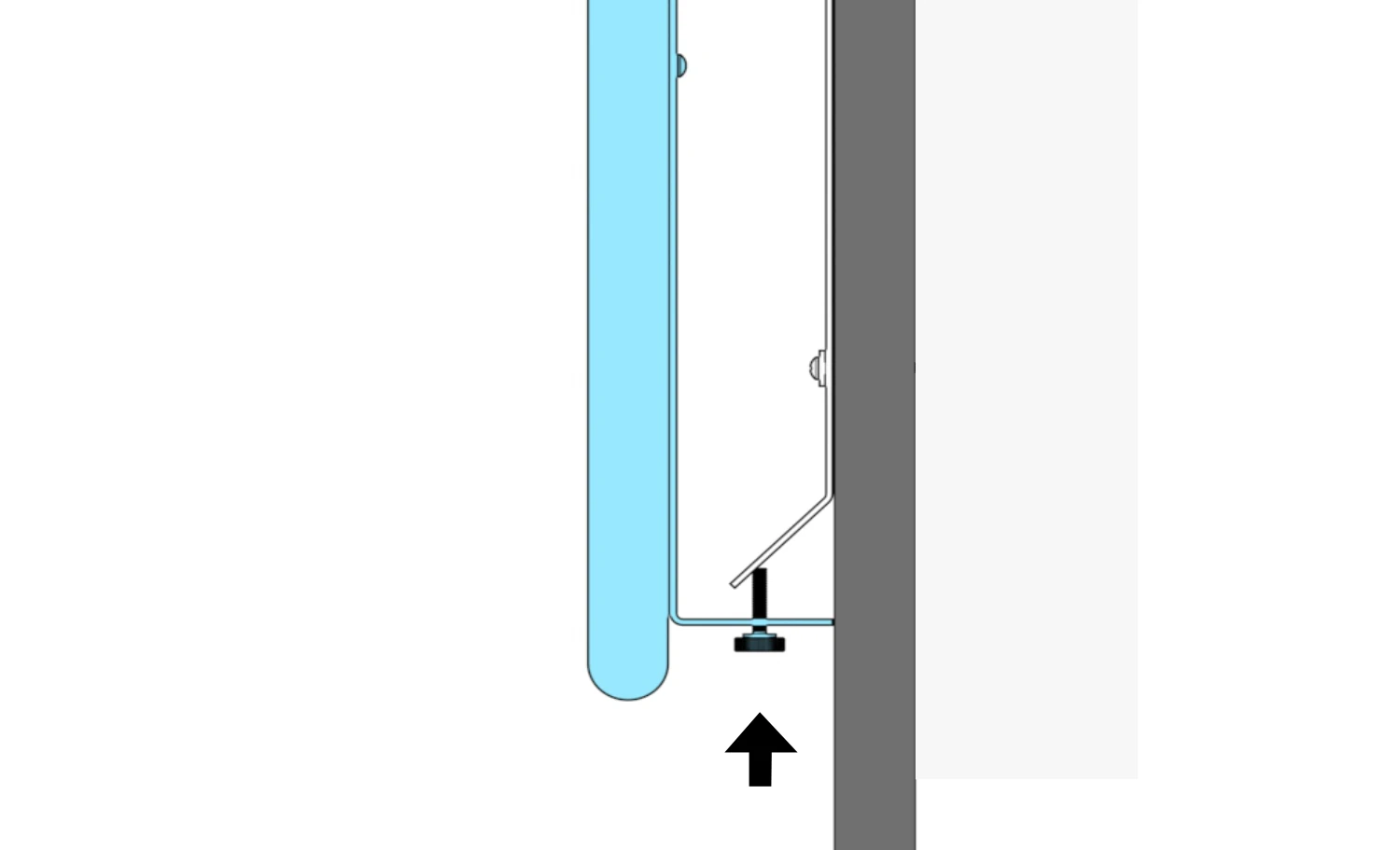 Side detail showing a thumbscrew raised to secure the panel bracket to the wall bracket.