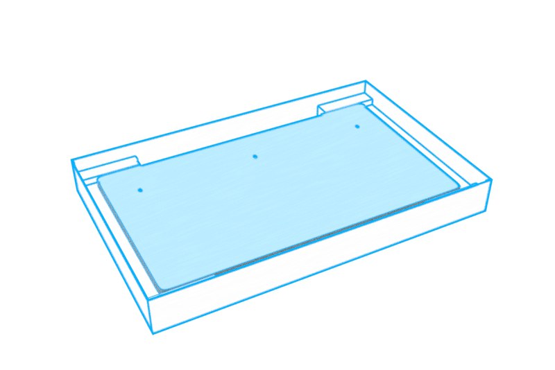 Animation showing the modesty-panel packaging opened to reveal the panels.
