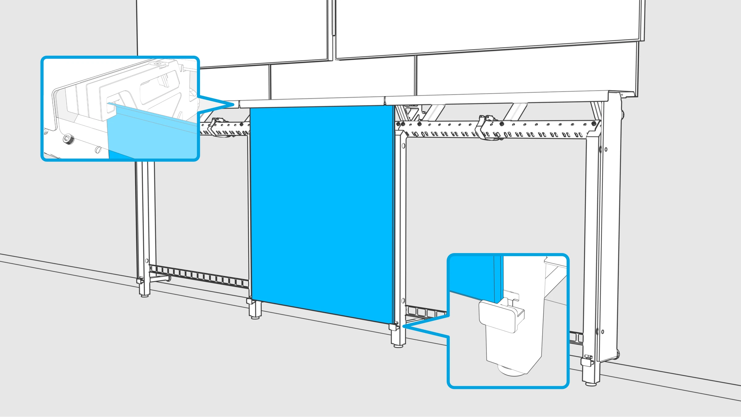 Inner panel beneath the shelf support, with close-ups of its top channel and bottom edge resting on the leg support.