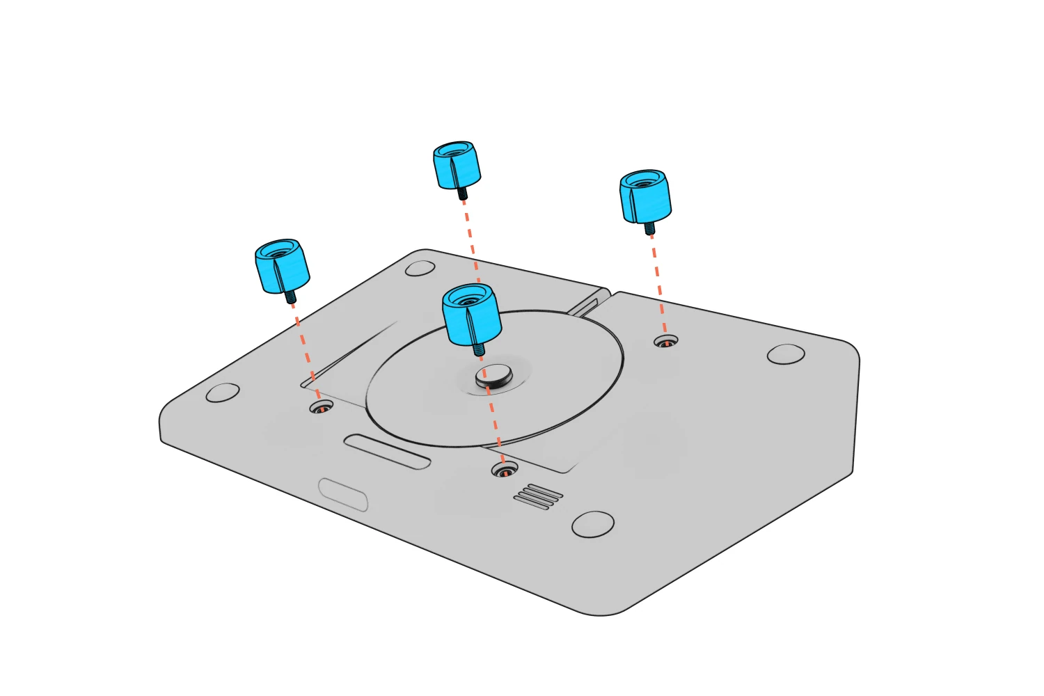 Four mounting feet aligned with the holes on the underside of a Logitech Tap.