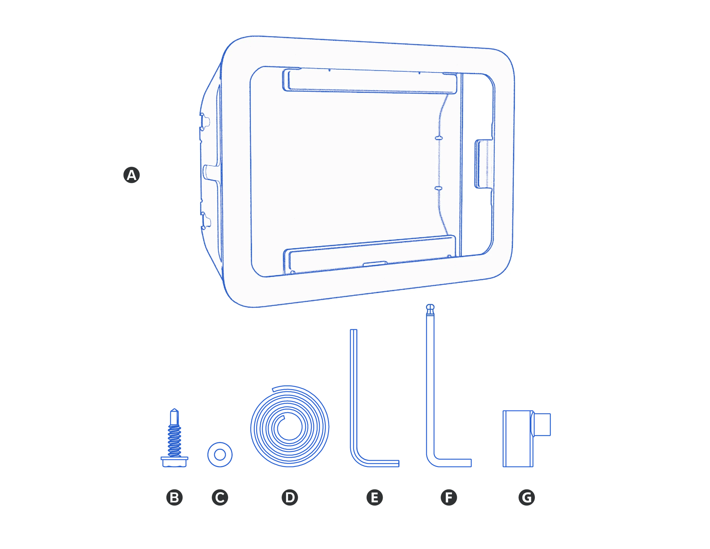Components labeled A–G: Side Mount, mullion-mounting screw, rubber washer, cable tie, enclosure assembly key, ball-end hex key, and right-angle USB-C adapter.