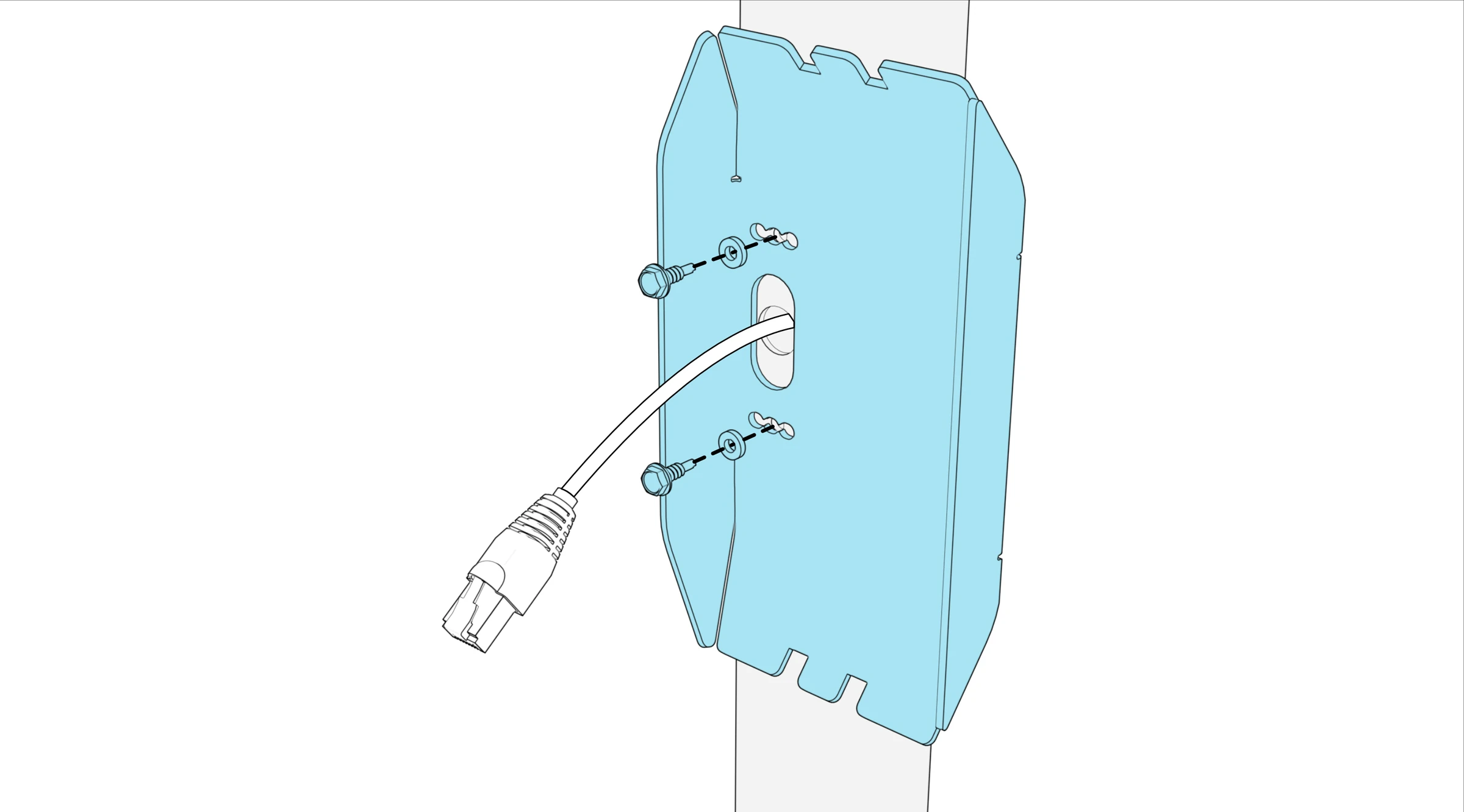 Pocket against the mullion with two screws and rubber washers aligned to its mounting holes; the network cable passes through the center opening.