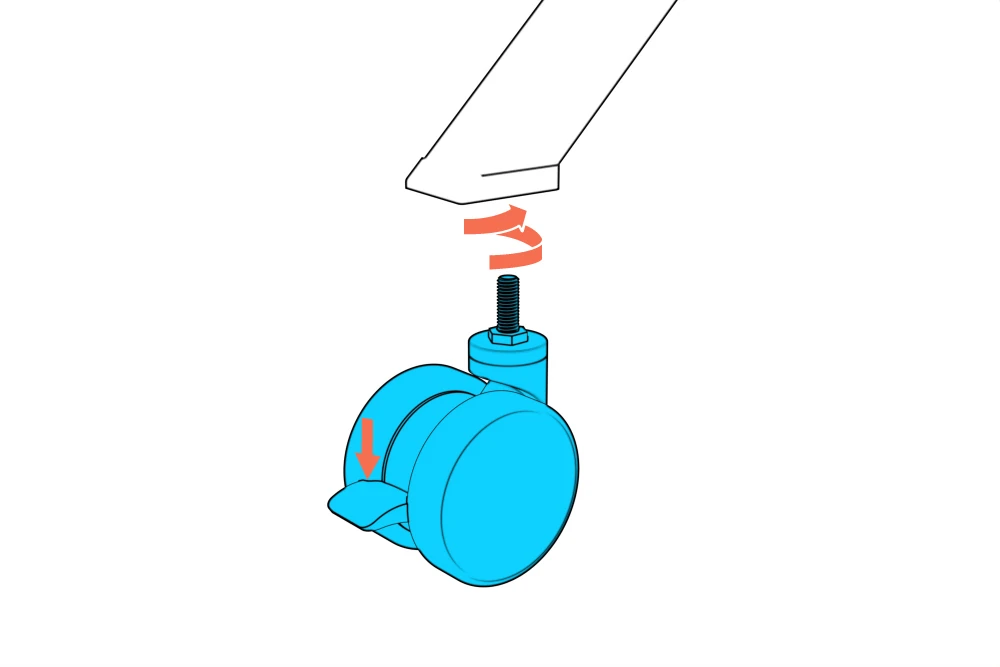 Threaded caster beneath a leg socket, with arrows showing brake engagement and rotation.