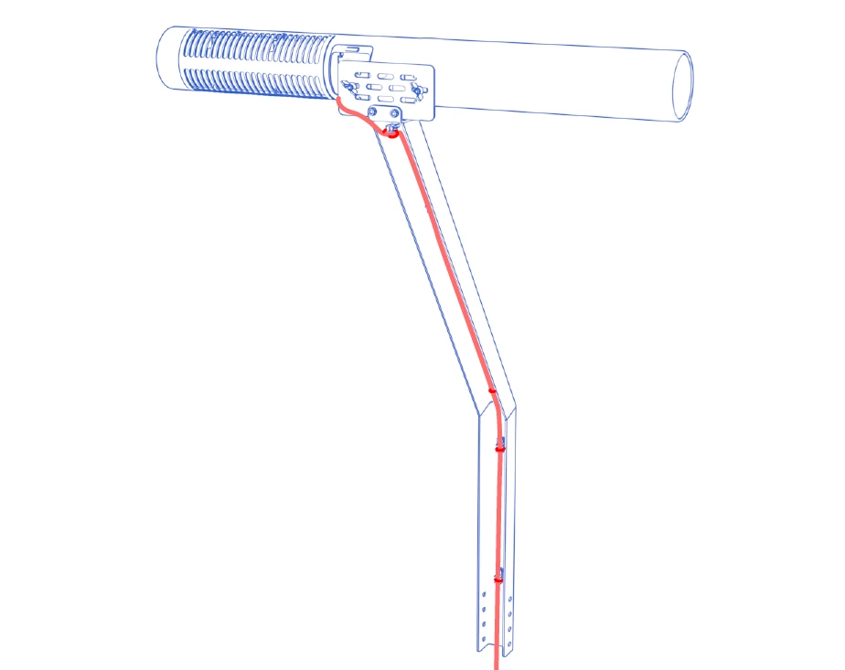 Red cable routed from the camera down the neck through cable-tie attachment points.