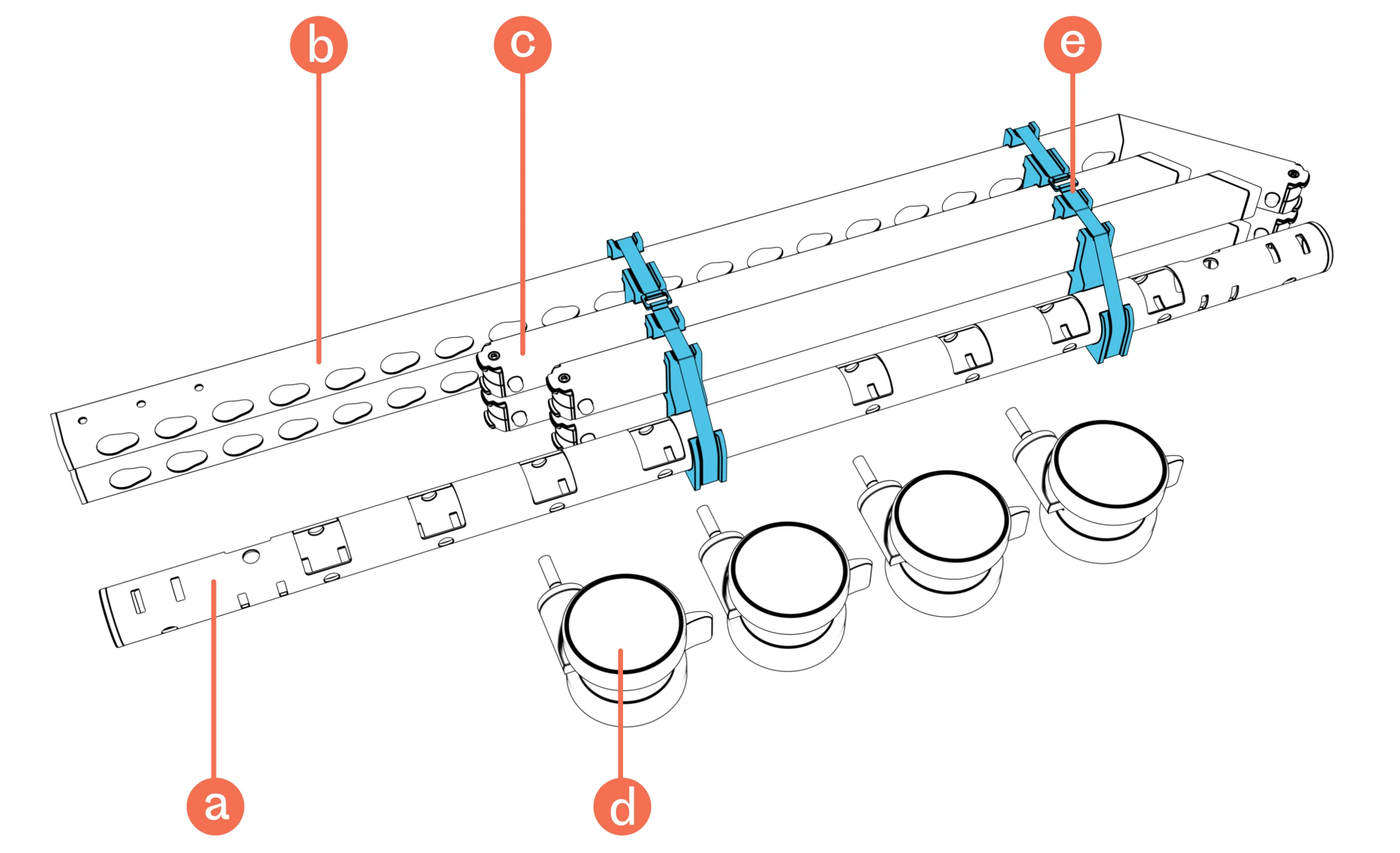 Packed stand components labeled a through e, showing the beam, columns, legs, casters, and reusable packaging rings and straps.