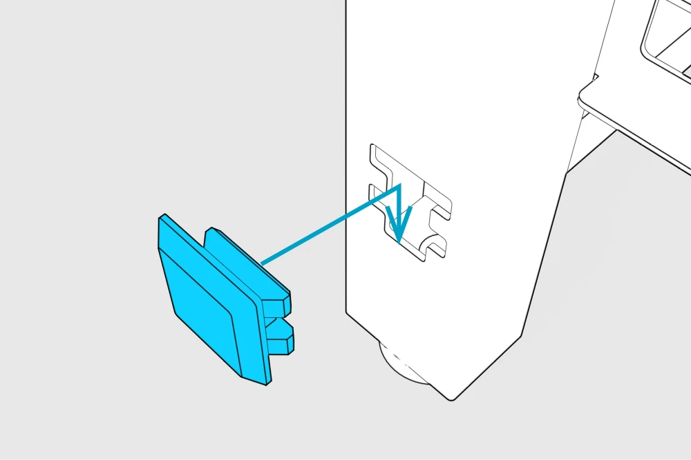 A panel pad aligned with the slots on the front of a leg, with arrows showing insertion and downward seating.