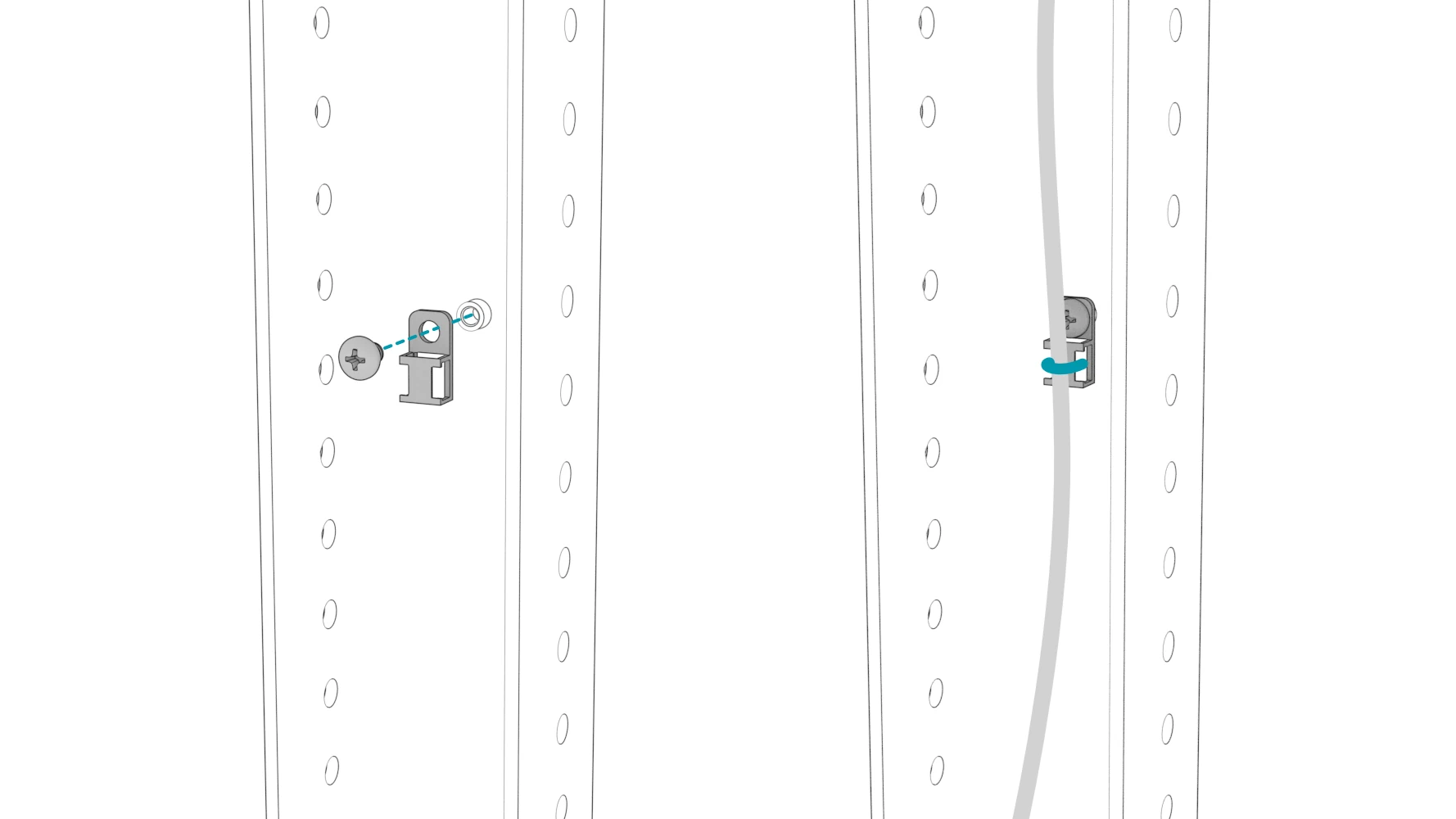 Screw-in cable mount attached to a rail, with a cable tie passing through the mount and around the cable.