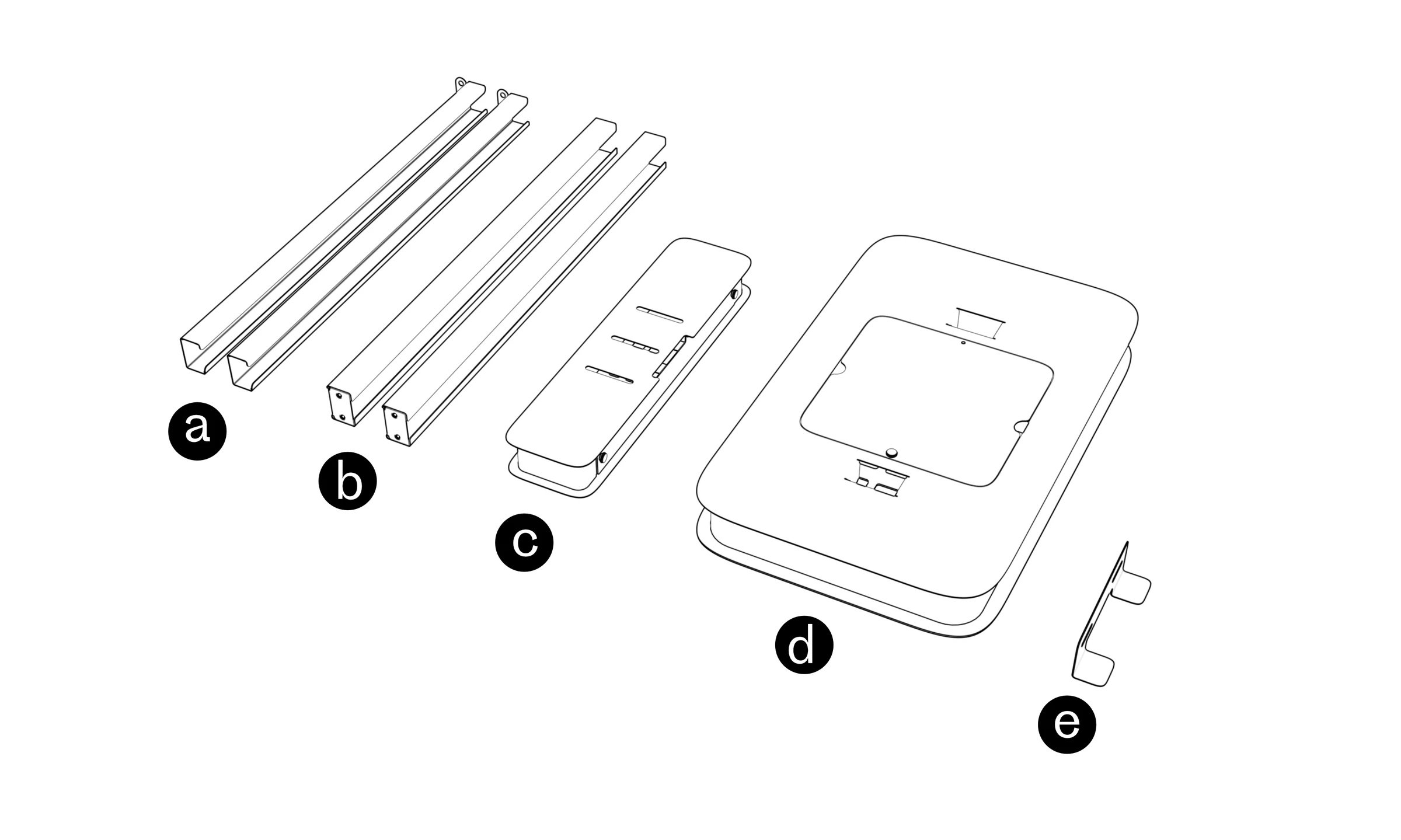 Main components labeled a–e: upper arms, lower arms, top shelf, bottom shelf, and PanaCast 50 mounting bracket.
