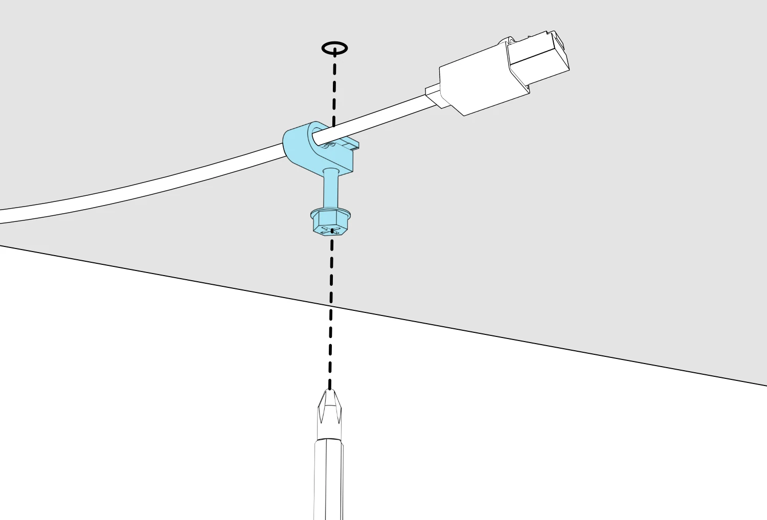 Close-up of the Ethernet cable held in a cable anchor beneath the tabletop, with a screw and screwdriver aligned with the anchor.