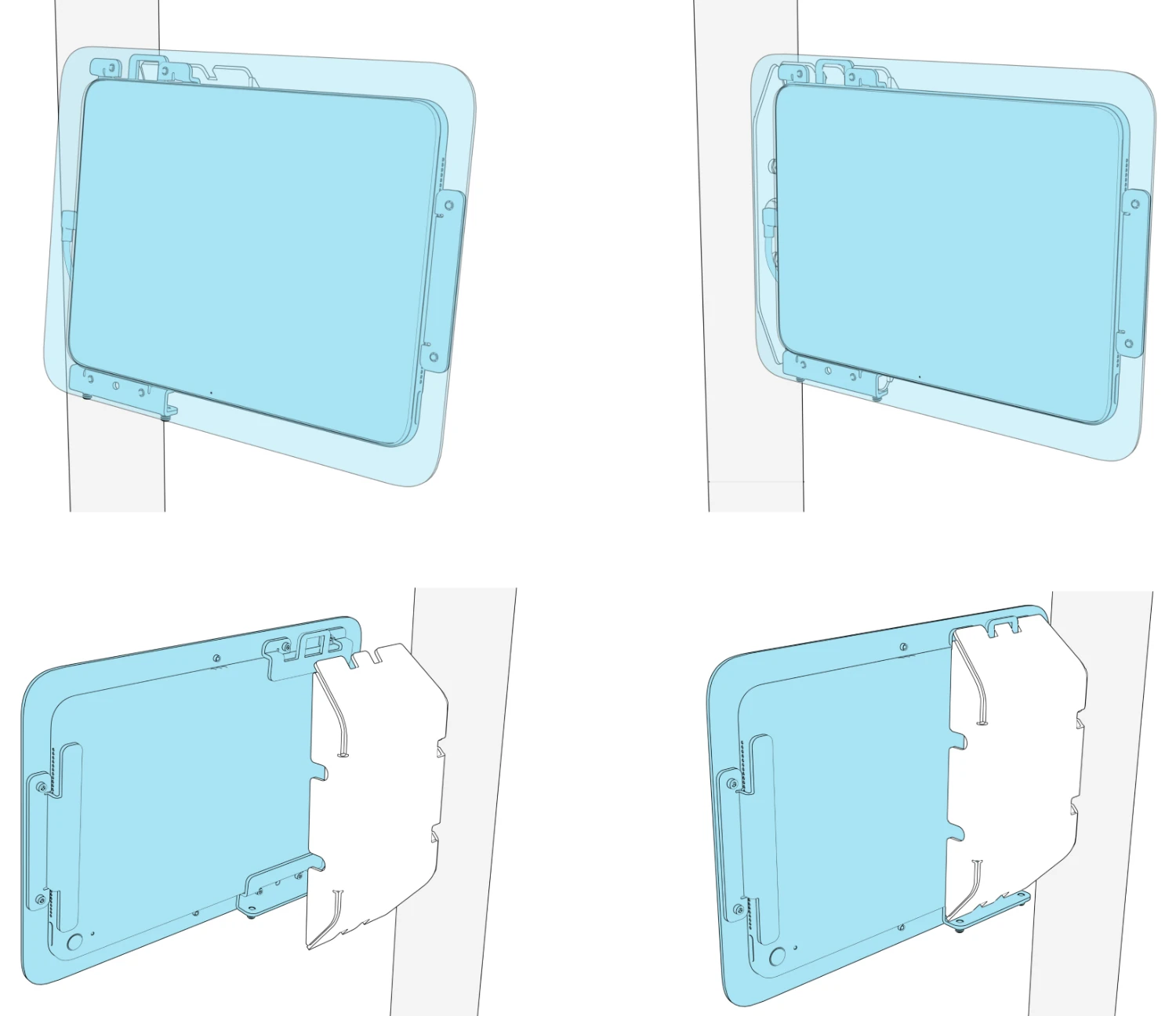Four front and rear views showing the enclosure engaging with the pocket’s top tab and moving into its resting position against the pocket.