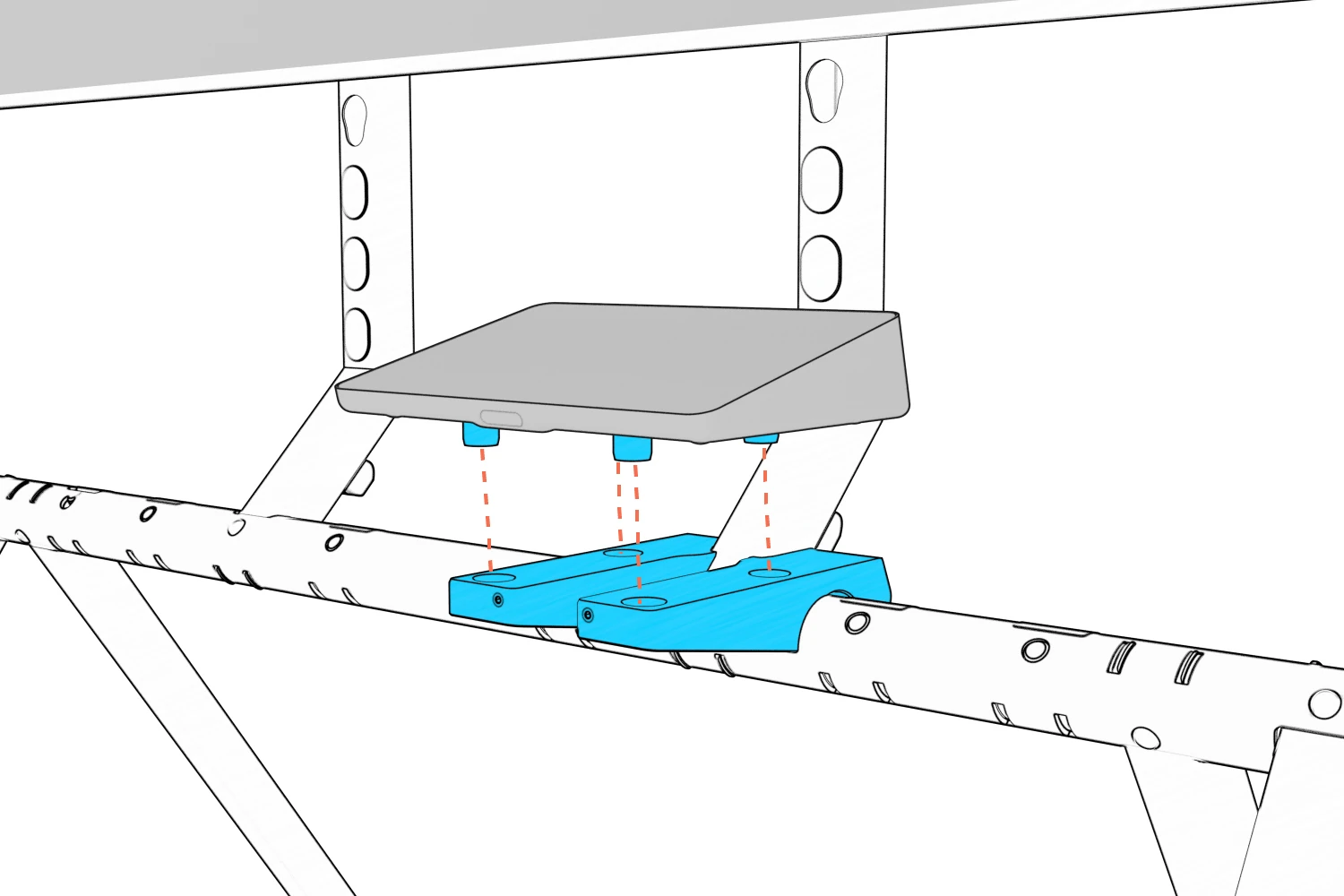 Tap with installed feet aligned over the four shelf holes.