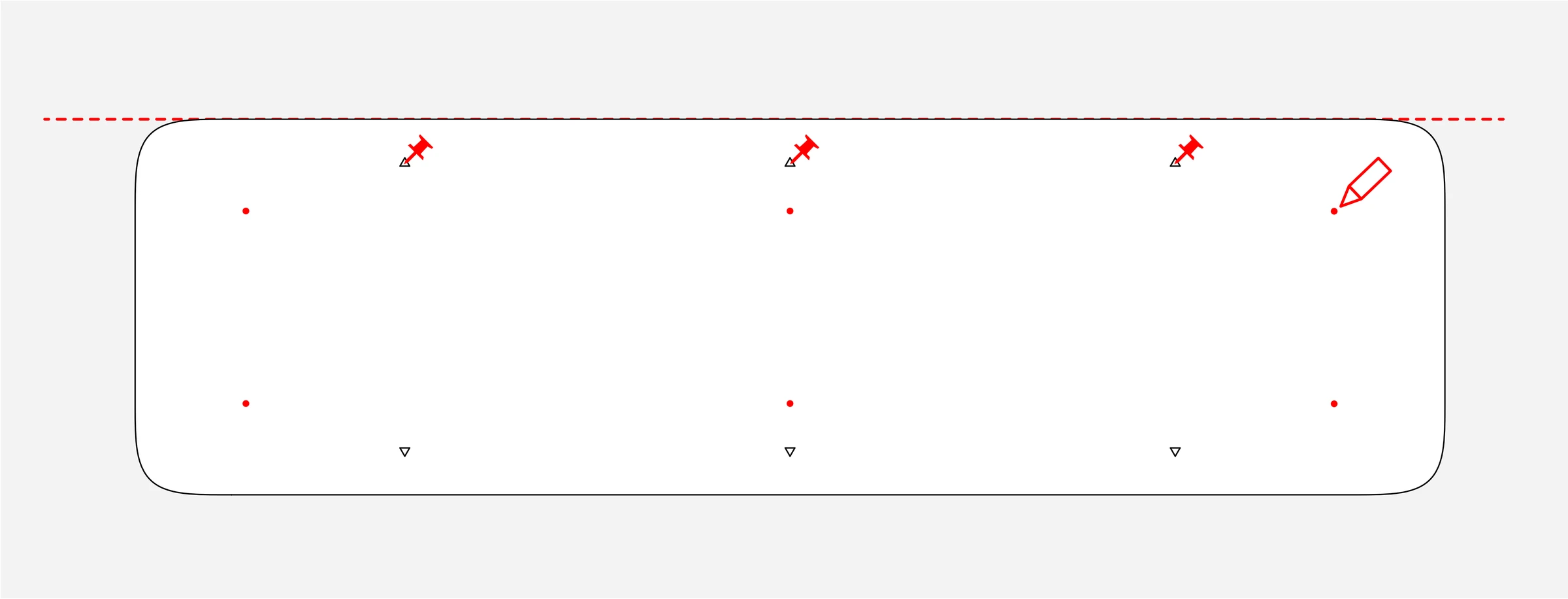 Leveled installation template secured with push pins, with 6 mounting-hole locations marked.