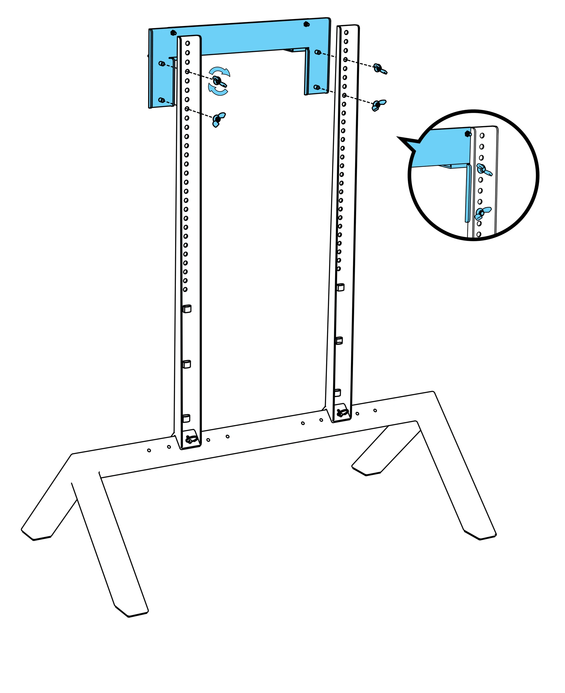 Camera adapter across the two arms, with four wing nuts aligned behind the mounting holes and a close-up of the joined plates.