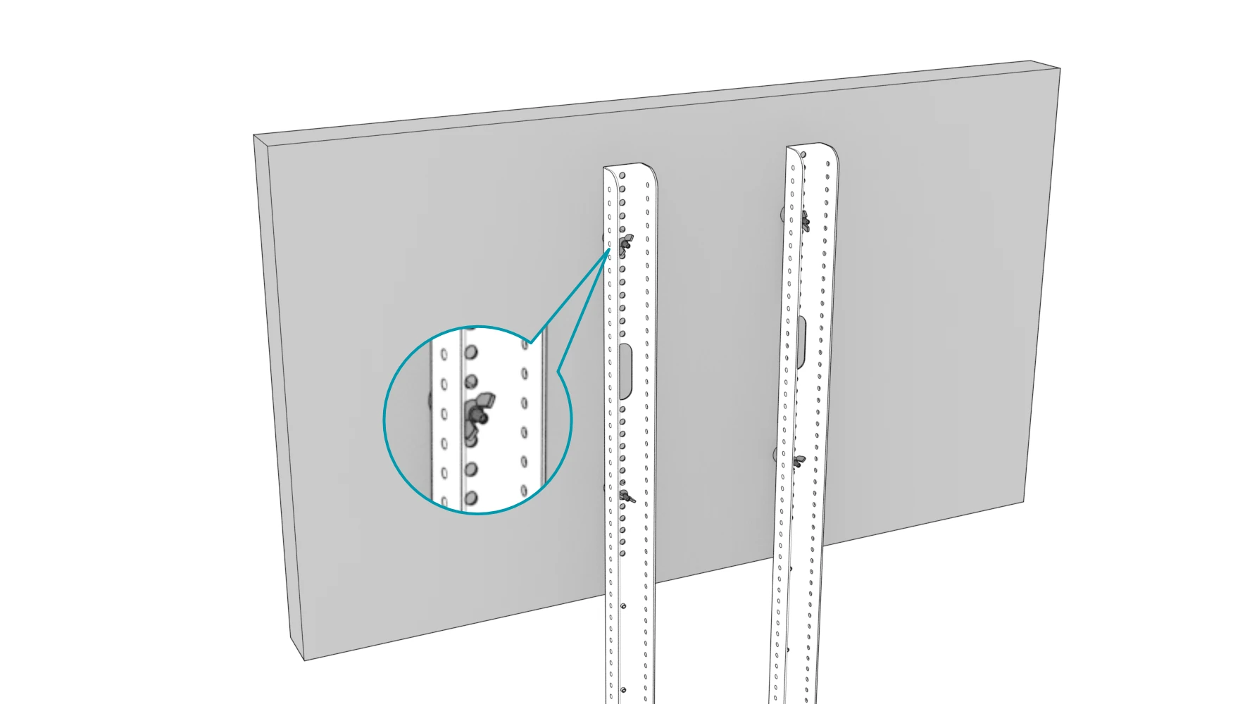 Close-up of a wingnut threaded onto a display mounting stud behind the rail.