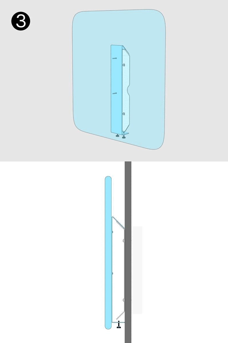 Animation showing the panel lowered over the wall bracket and rotated into its installed position.