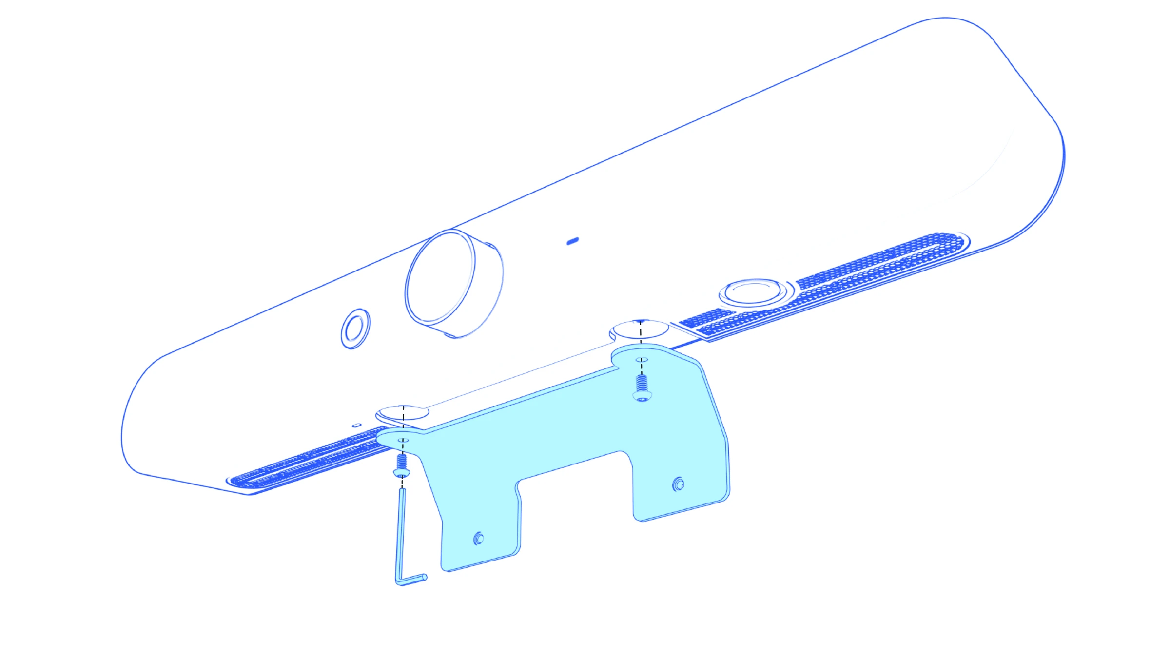 Rally Bar bracket aligned beneath the video bar with two screws and a hex key.