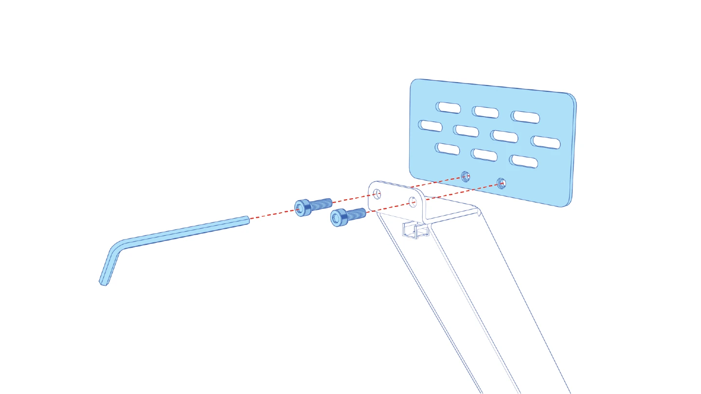 Camera mounting plate aligned with the top of the neck, with two screws and a hex key.