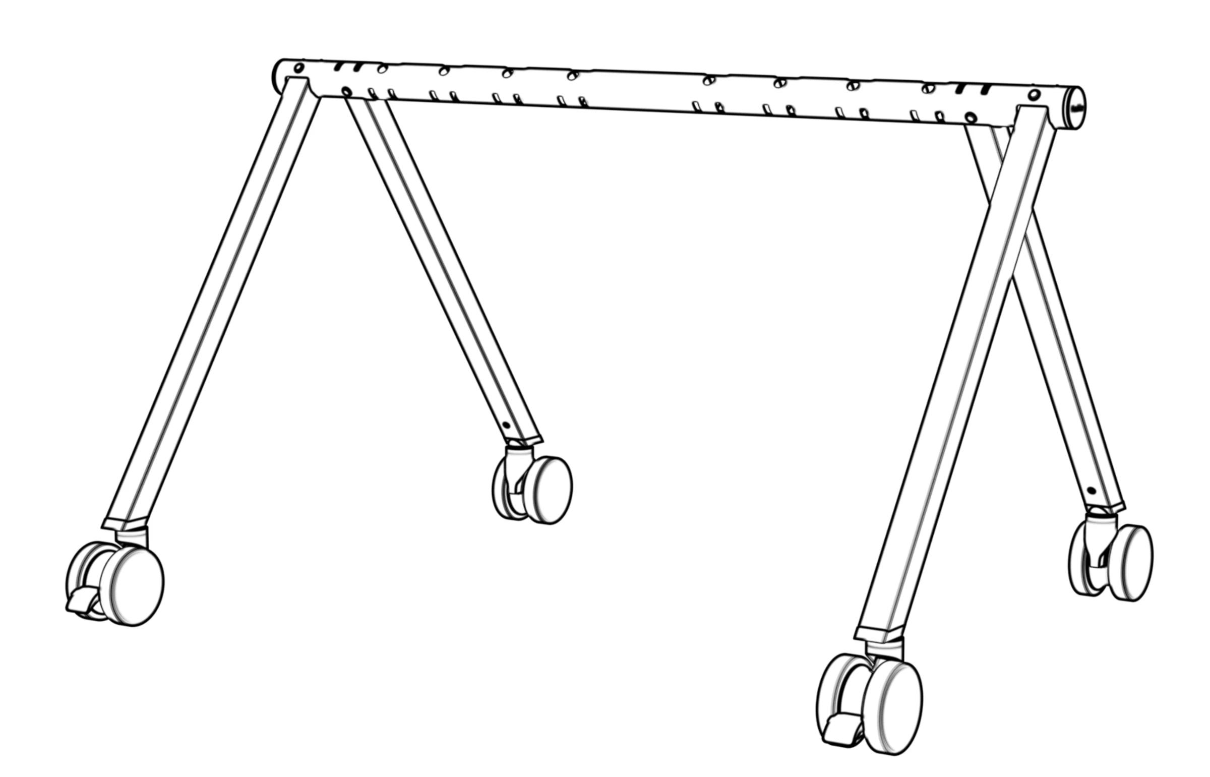 The completed stand base upright on four casters.