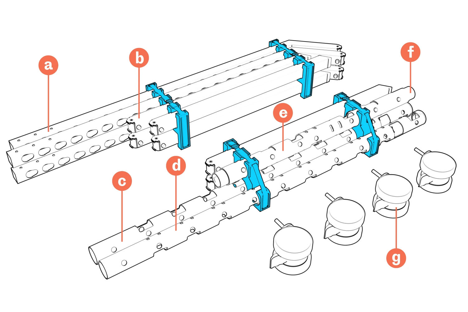 Packed columns, legs, three beam segments, couplers, and casters labeled a through g.