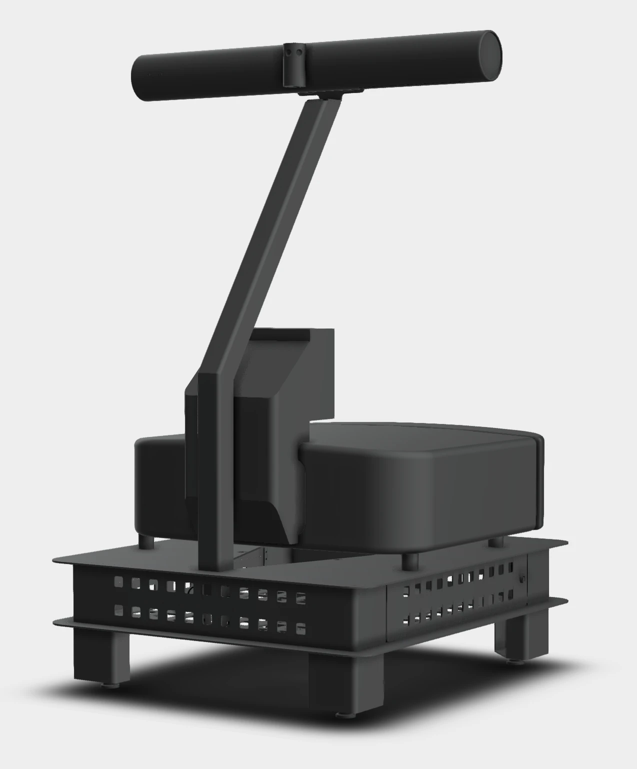 Assembled floor stand with a projector on its upper shelf, enclosed equipment compartment below, and a video bar on the angled neck.