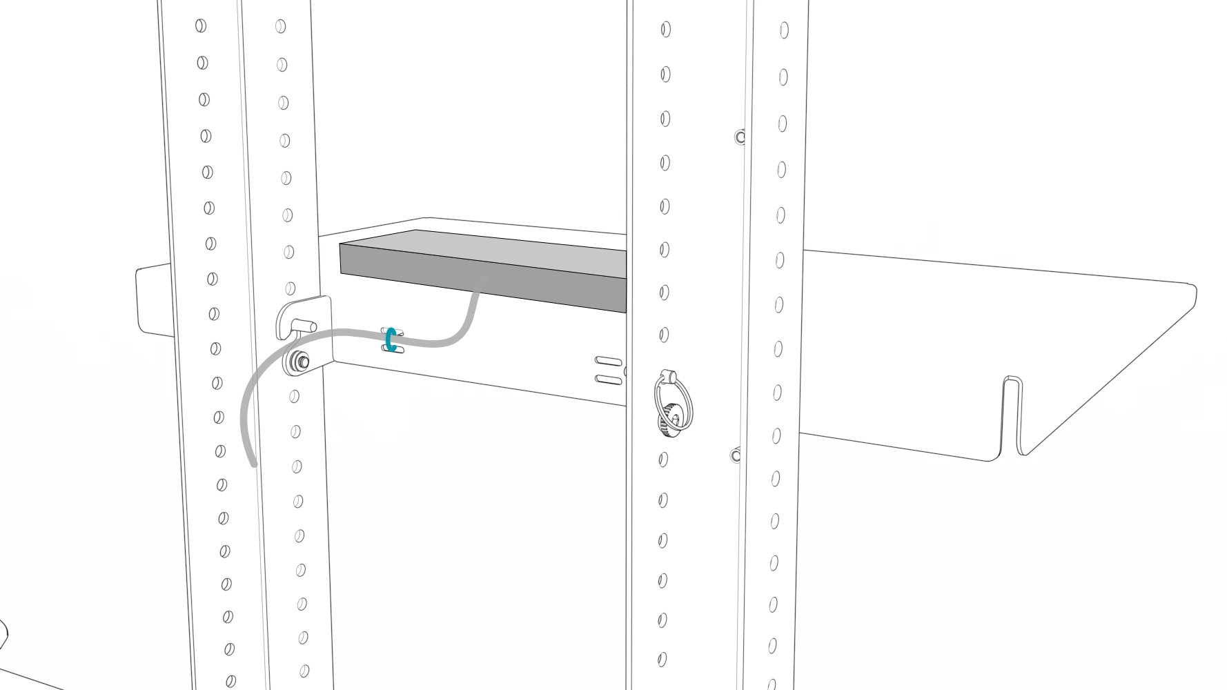 Device on the shelf with its cable secured at the shelf bracket by a hook-and-loop cable tie.