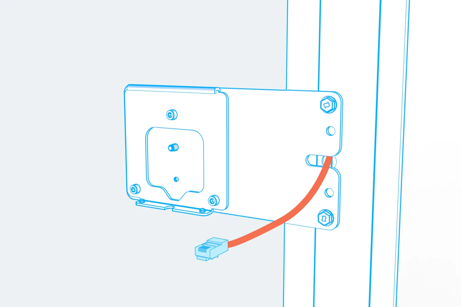 RJ45 plug on the cable extending from the mounted bracket.