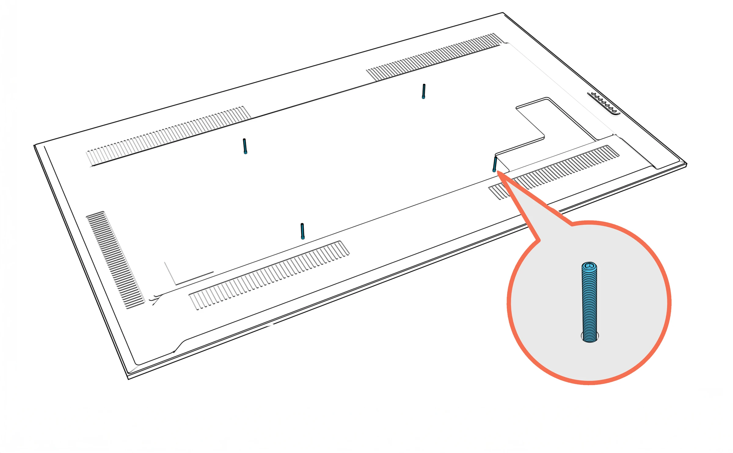 Four set screws installed on the rear of a display, with one enlarged.