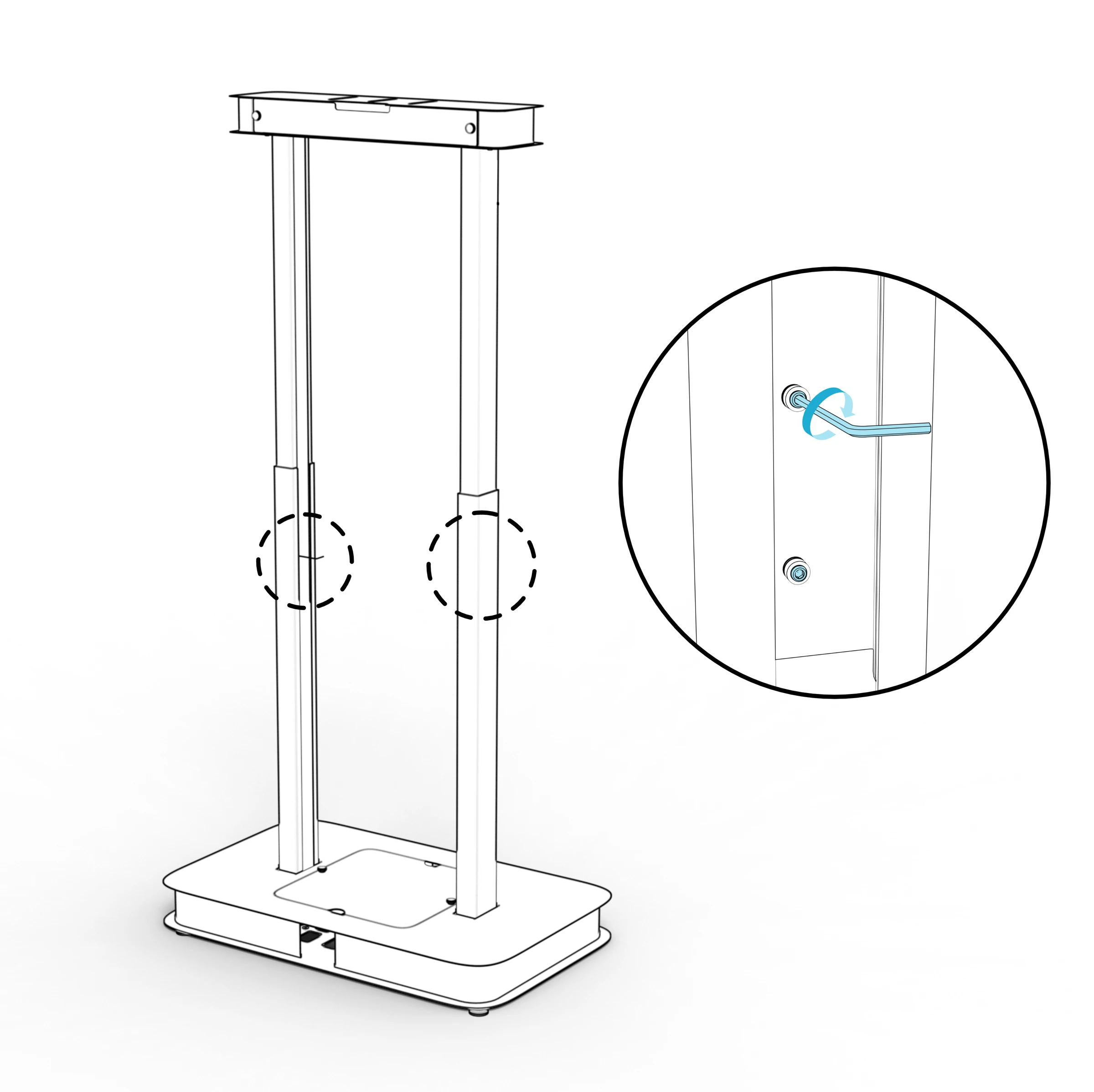 Height-adjustment screw locations on the uprights, with a close-up of the hex key engaging a set screw.