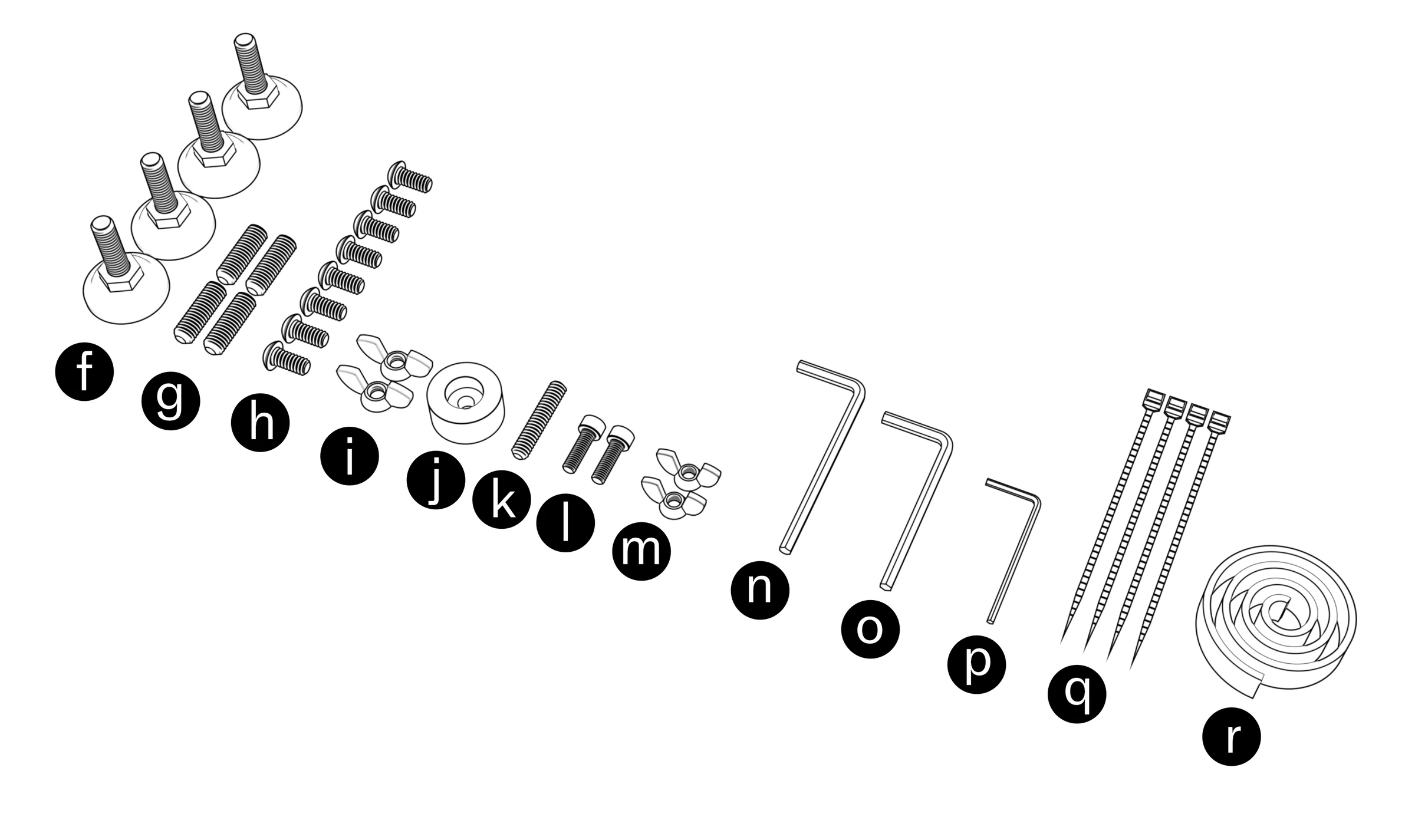 Hardware labeled f–r: leveling feet, carpet spikes, screws, wing nuts, bumper, hex keys, cable ties, and strap.