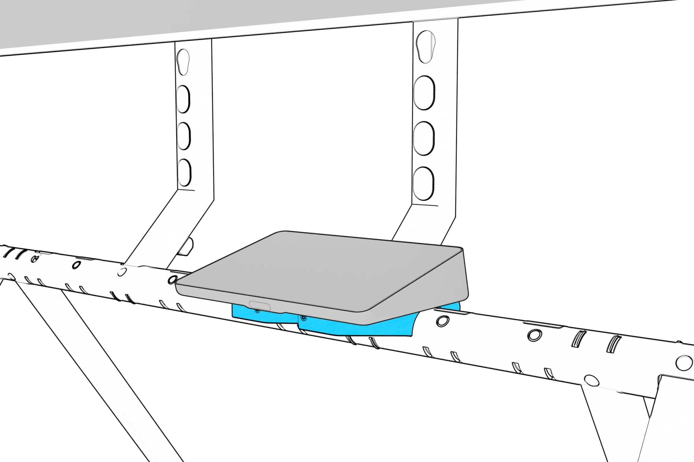 Logitech Tap seated on its shelf at the stand column.