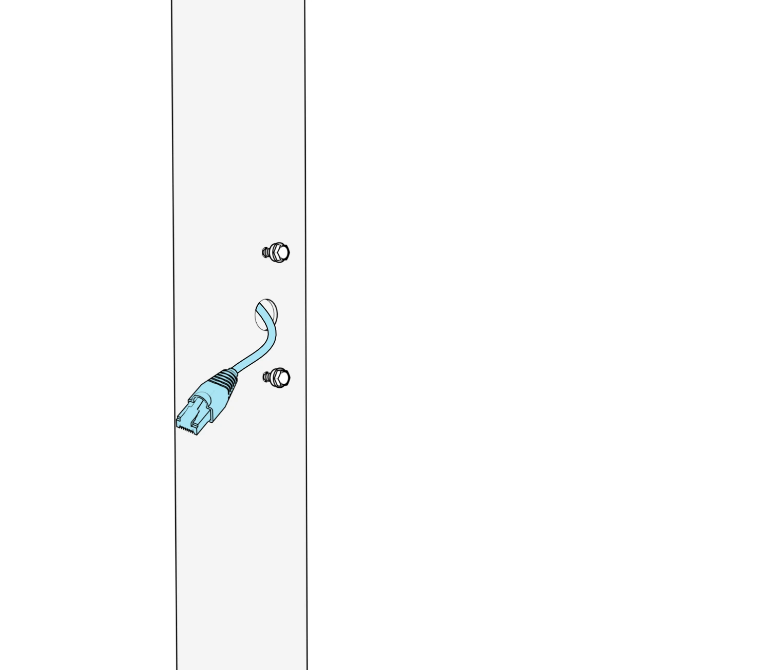 Network cable with an RJ45 connector extending through the center mullion opening between two partially installed mounting screws.