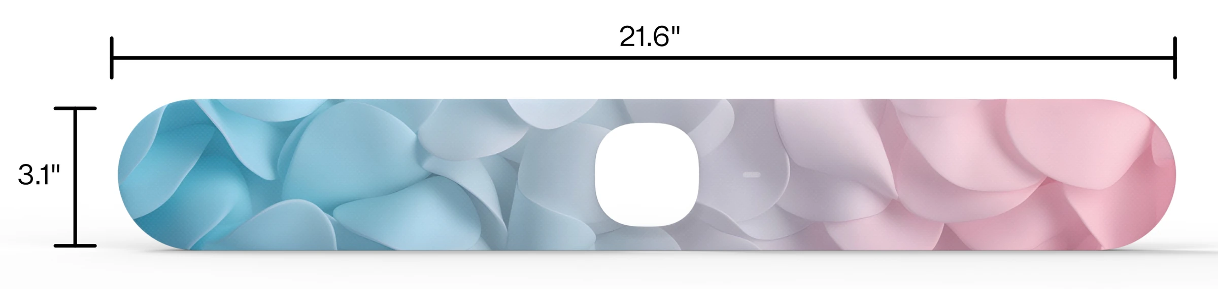 Example cover with blue and pink artwork, dimensioned 21.6 inches wide by 3.1 inches tall, with the central camera opening kept clear.