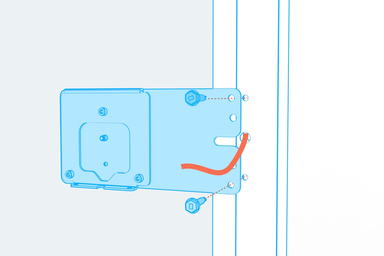 Animation of the bracket fastening to the mullion with two hex-head screws while the cable passes through its side notch.