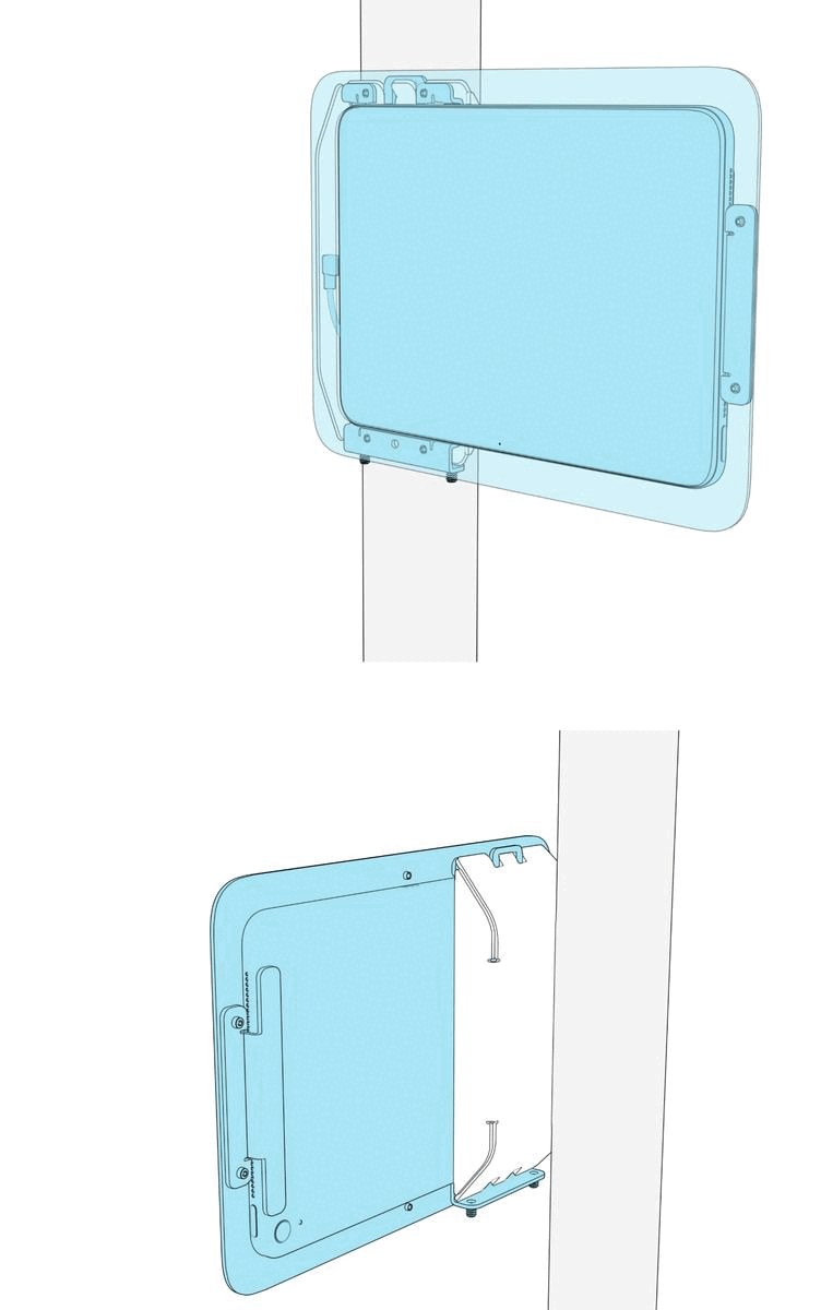 Three-frame front and rear views showing the enclosure engaging with the pocket’s top tab and moving into its resting position against the pocket.