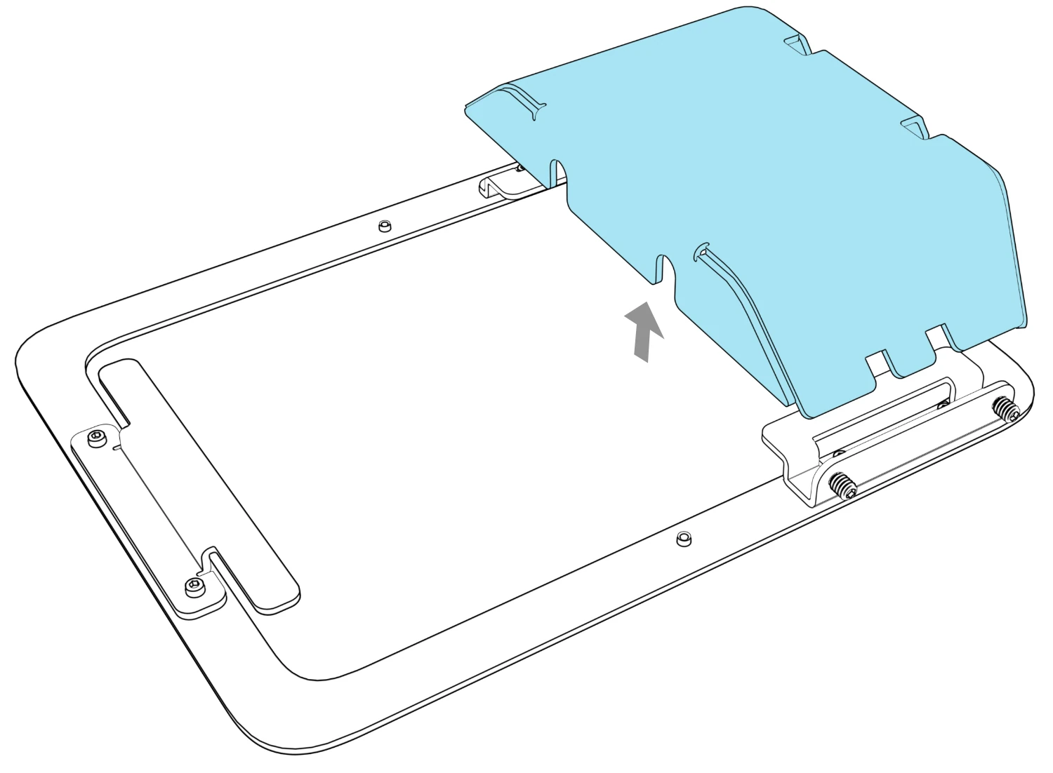 Pocket lifted away from the enclosure brackets, with an arrow indicating separation and both set screws retained in the bottom bracket.