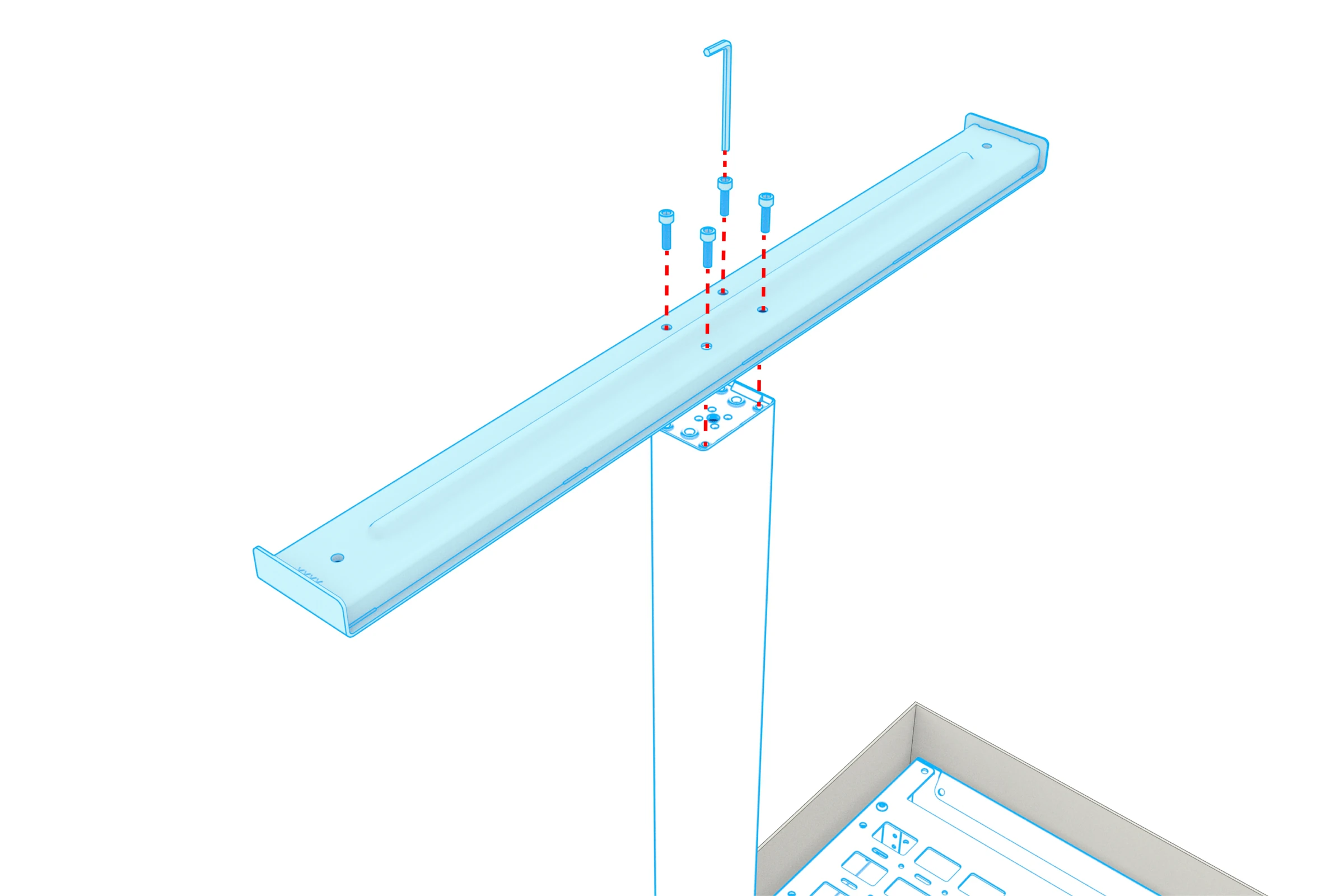 One foot aligned with a lift column, with mounting screws and a hex key above it.