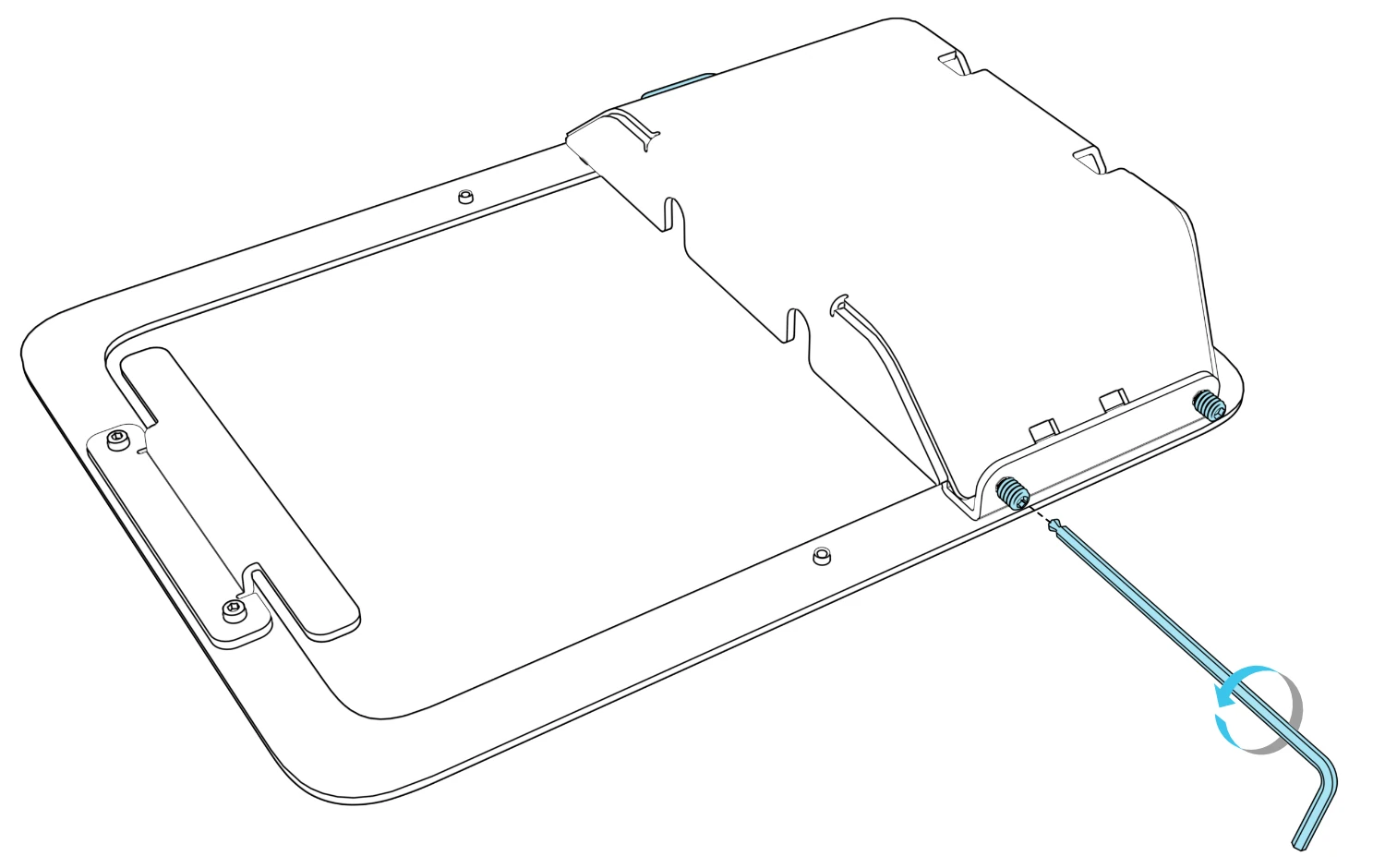 Rear view of the enclosure with a hex key aligned to one of the two set screws beside the pocket and a curved arrow indicating rotation.