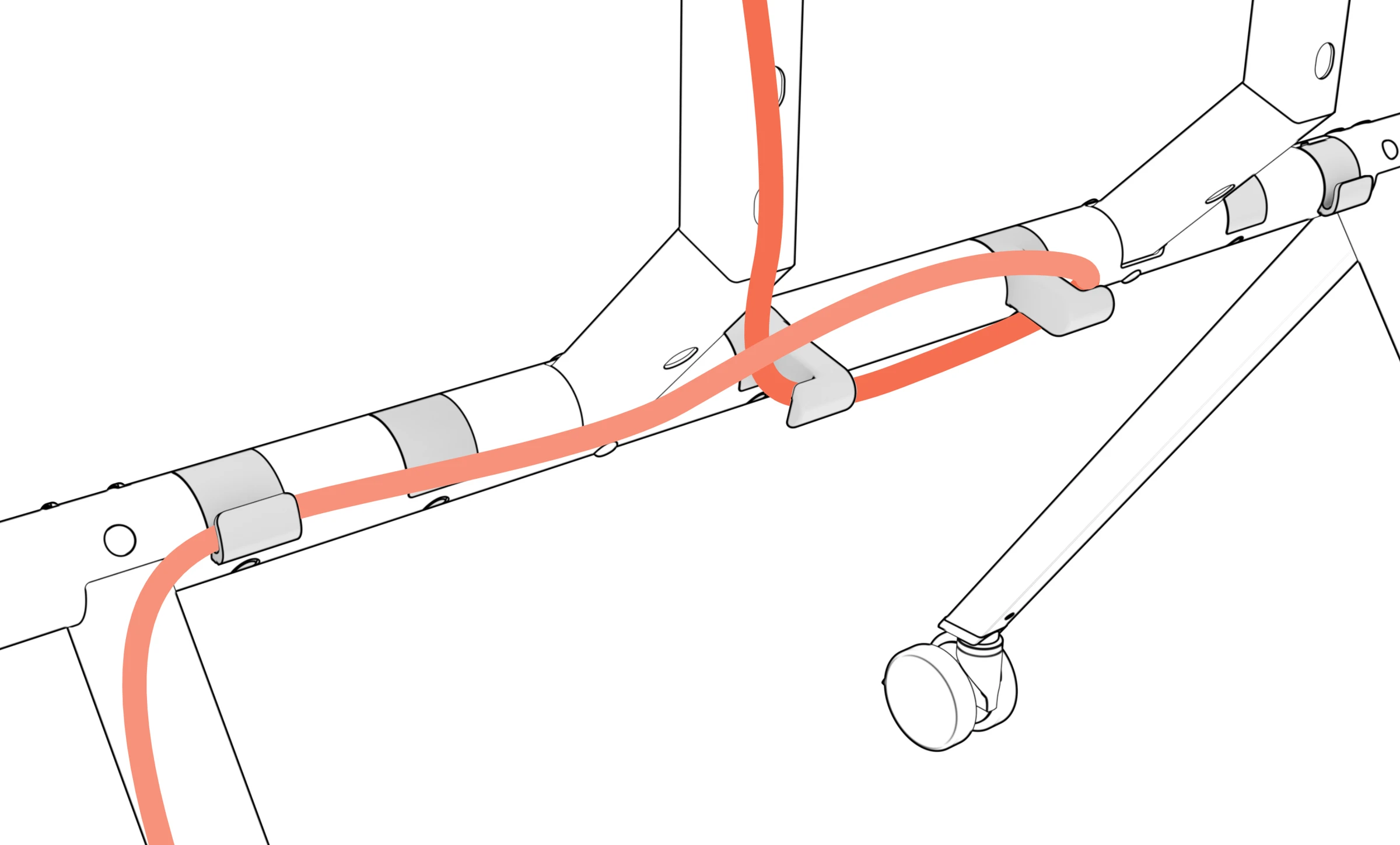 A cable routed through beam guides and looped around the cord-wrap hooks.