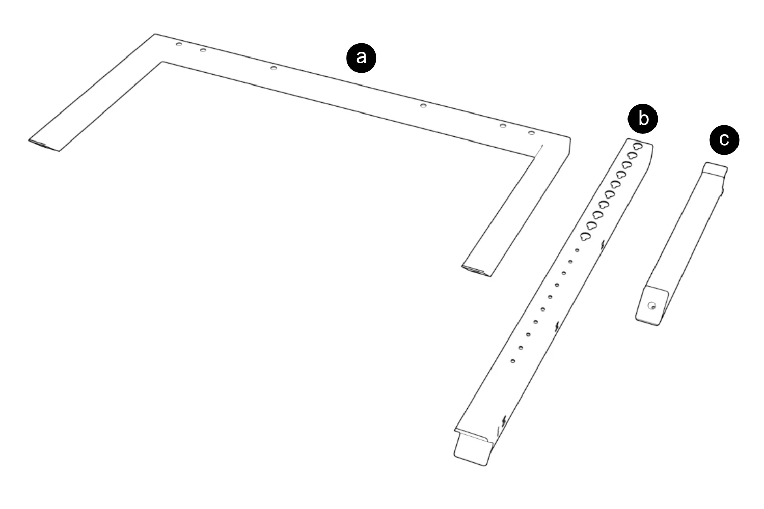 Front base, display rail, and rear leg identified as components a through c.
