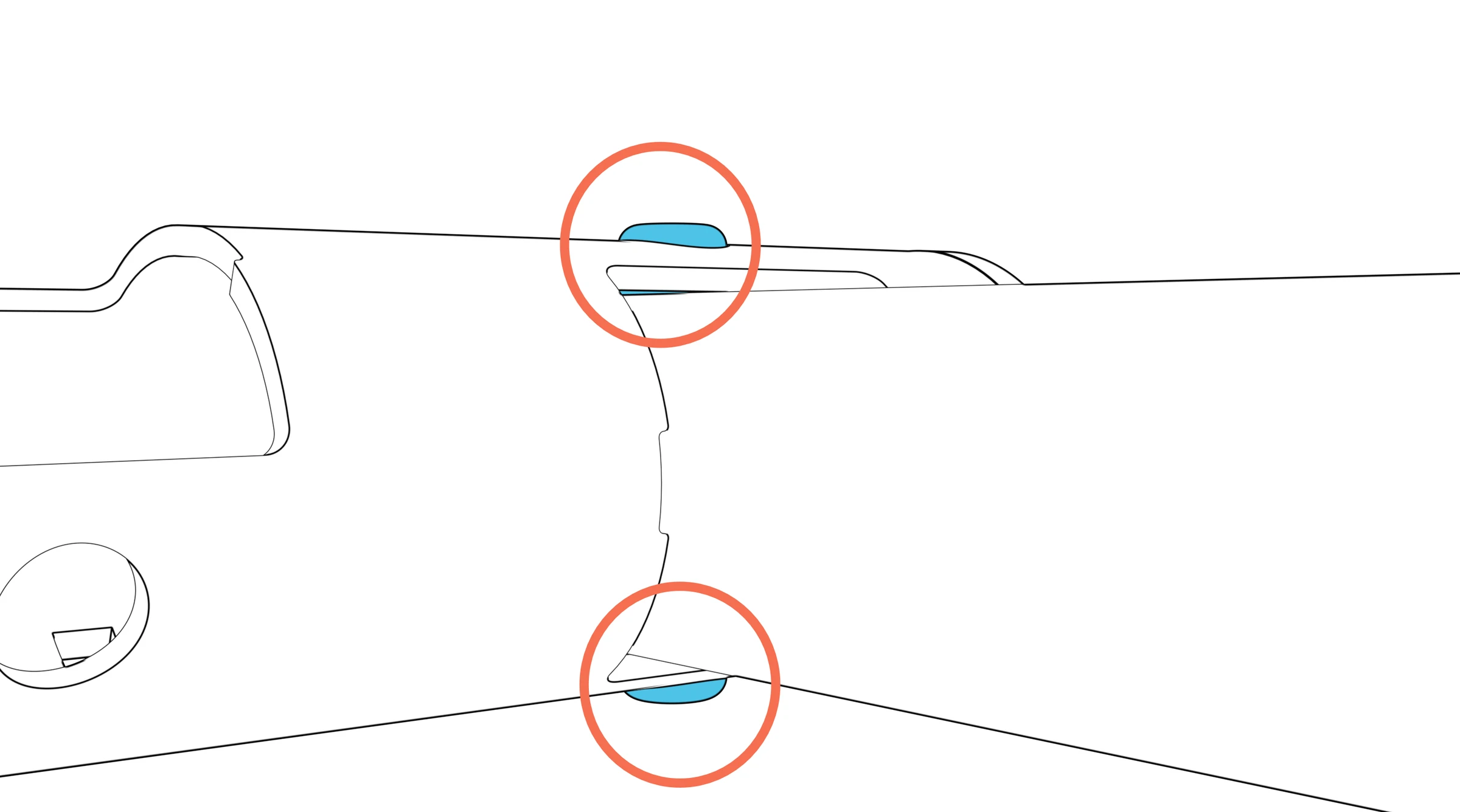 Close-up circles both spring-button heads extending through the beam.