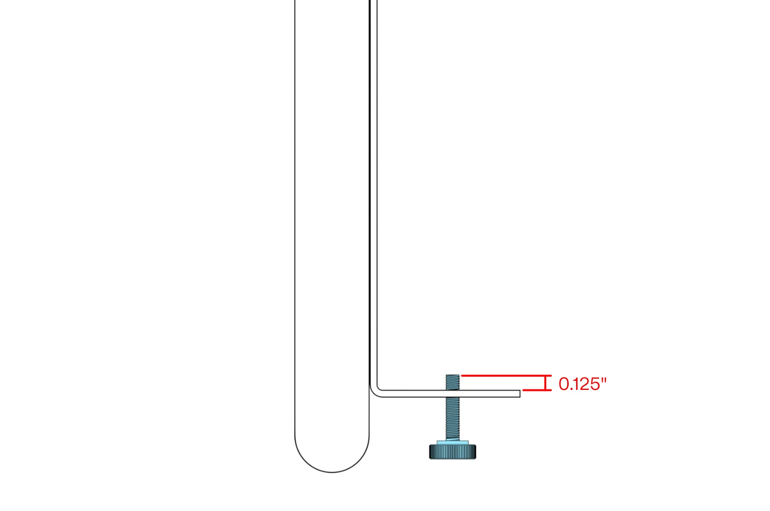 Side detail showing approximately 0.125 inch of thumbscrew thread protruding through the bracket.