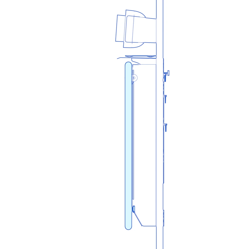 Front panel closed vertically beneath the shelf.