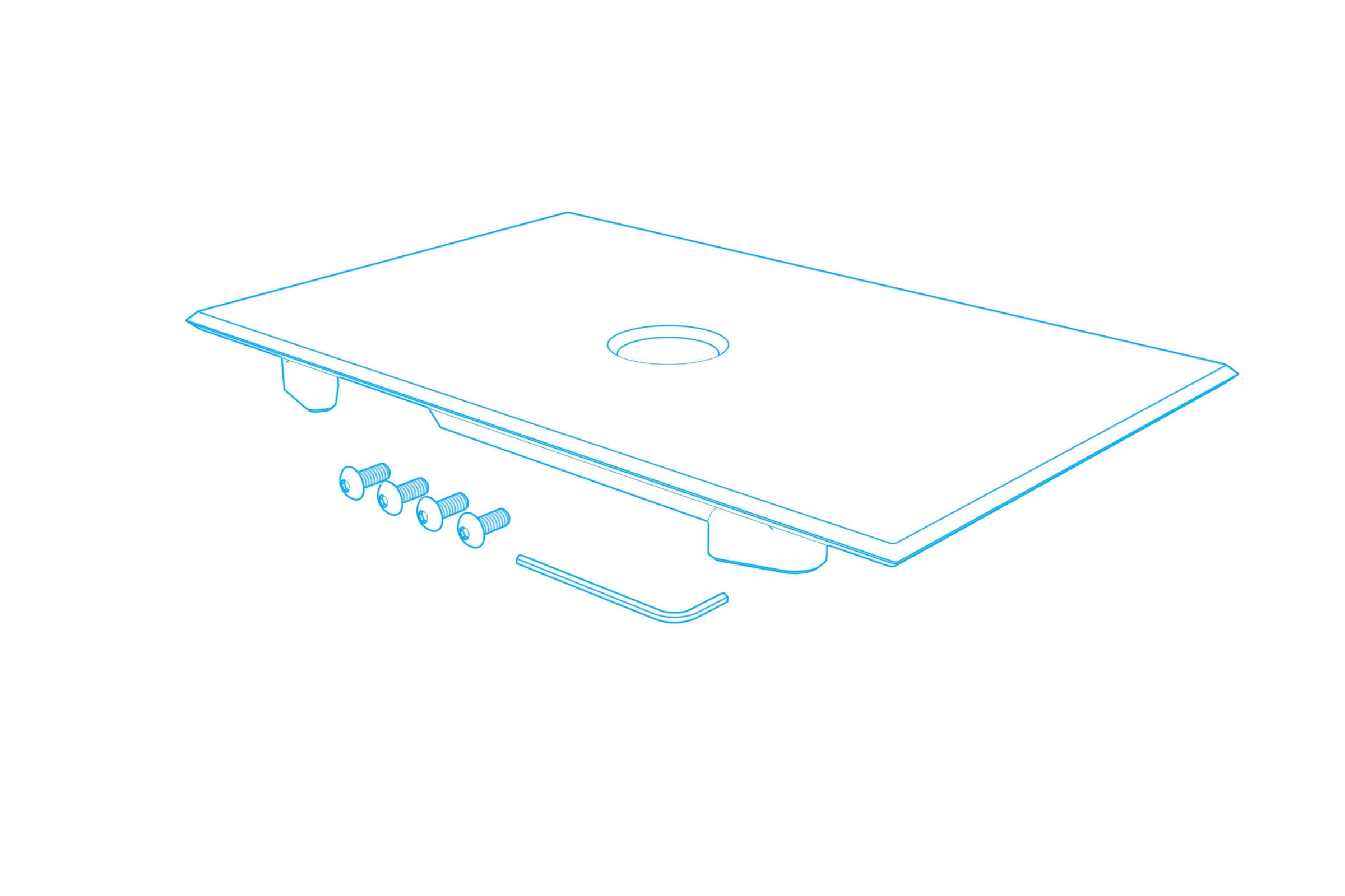 Console insert with a central circular opening, four assembly screws, and an L-shaped assembly key.