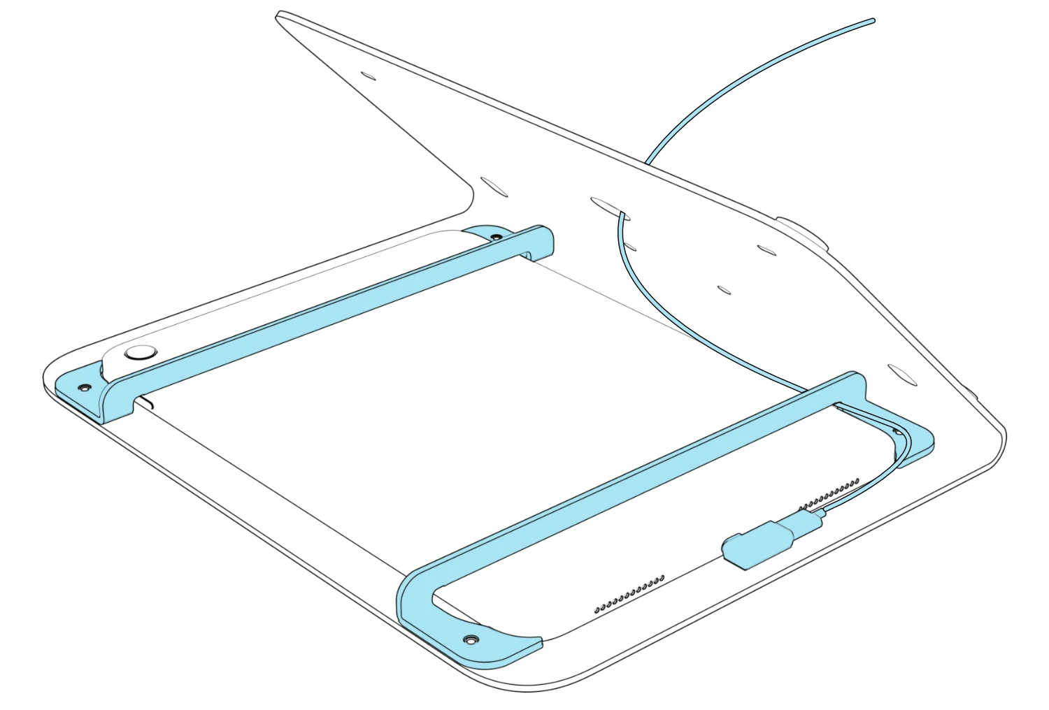 Rear view showing the USB-C cable connected through a right-angle adapter behind the bezel and routed past the side bracket and through the stand base.