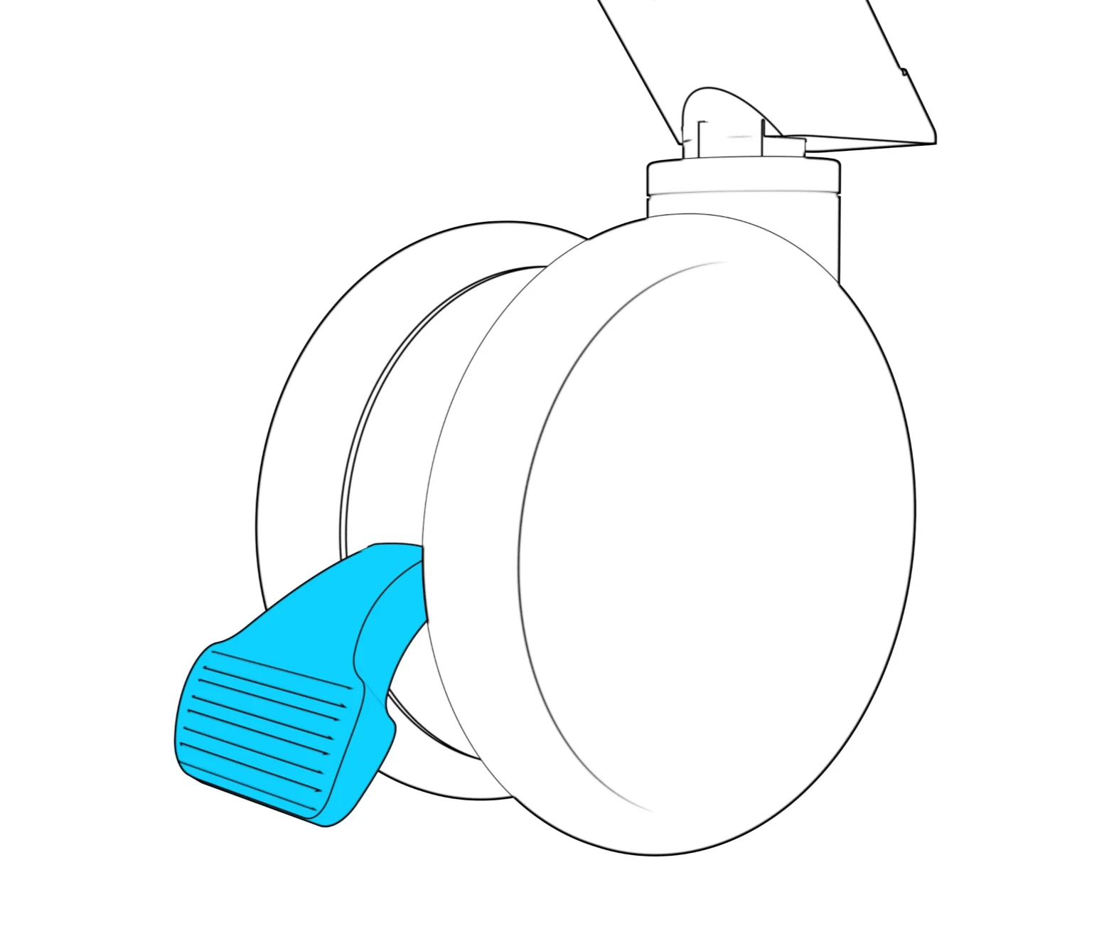 Close-up of a caster with its brake engaged.