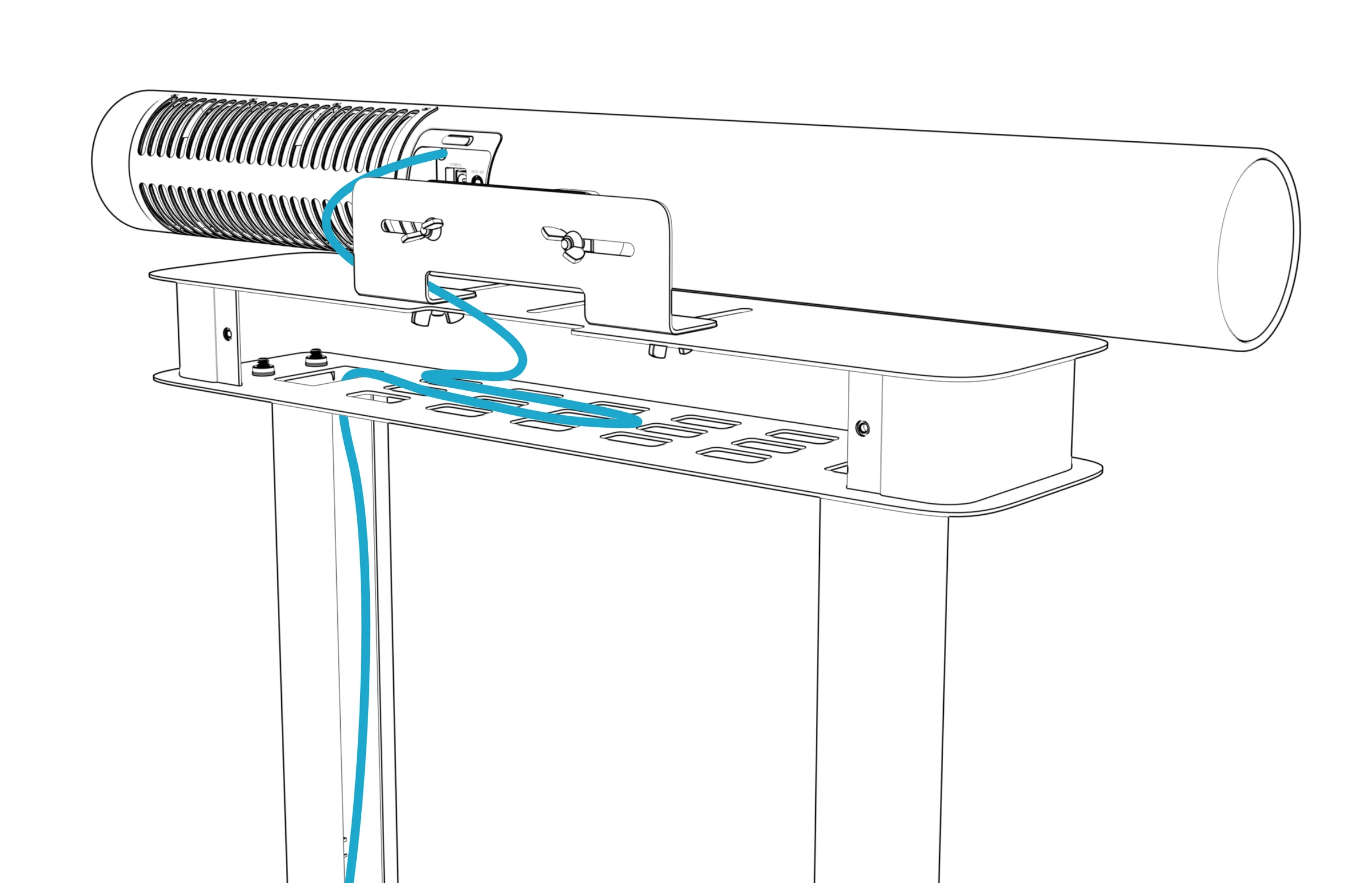 Camera cable routed through the top shelf’s openings.