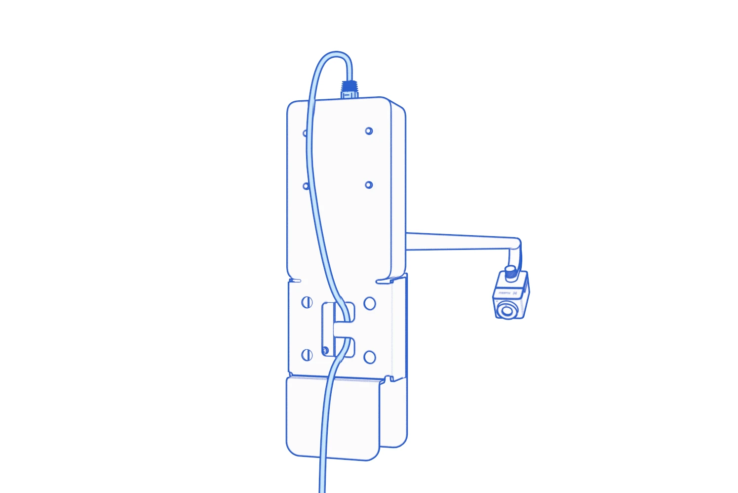 Rear view of the installed camera with the Ethernet cable routed through the strain-relief opening in the mount.